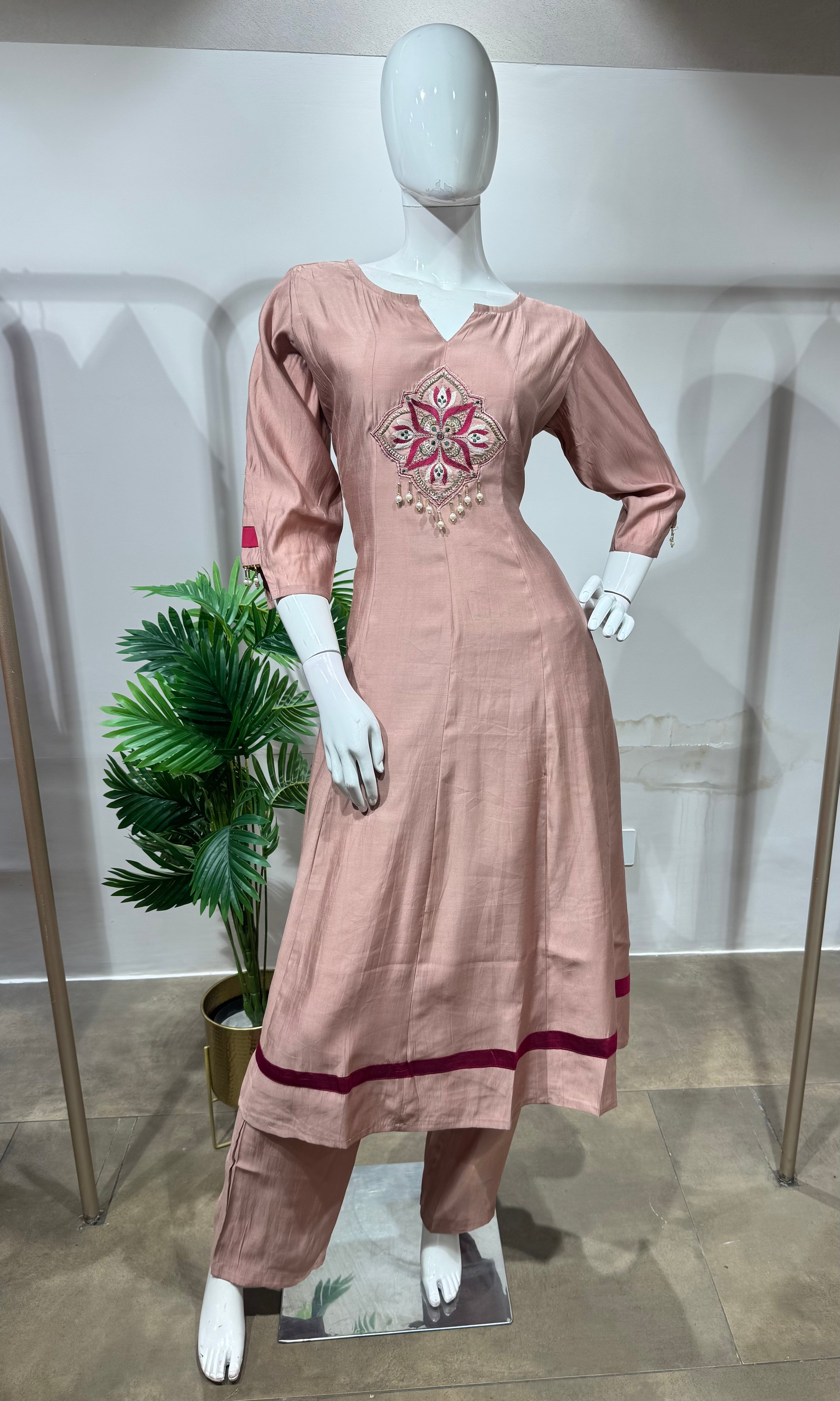 Beige Rose Silk Straight Kurta Set