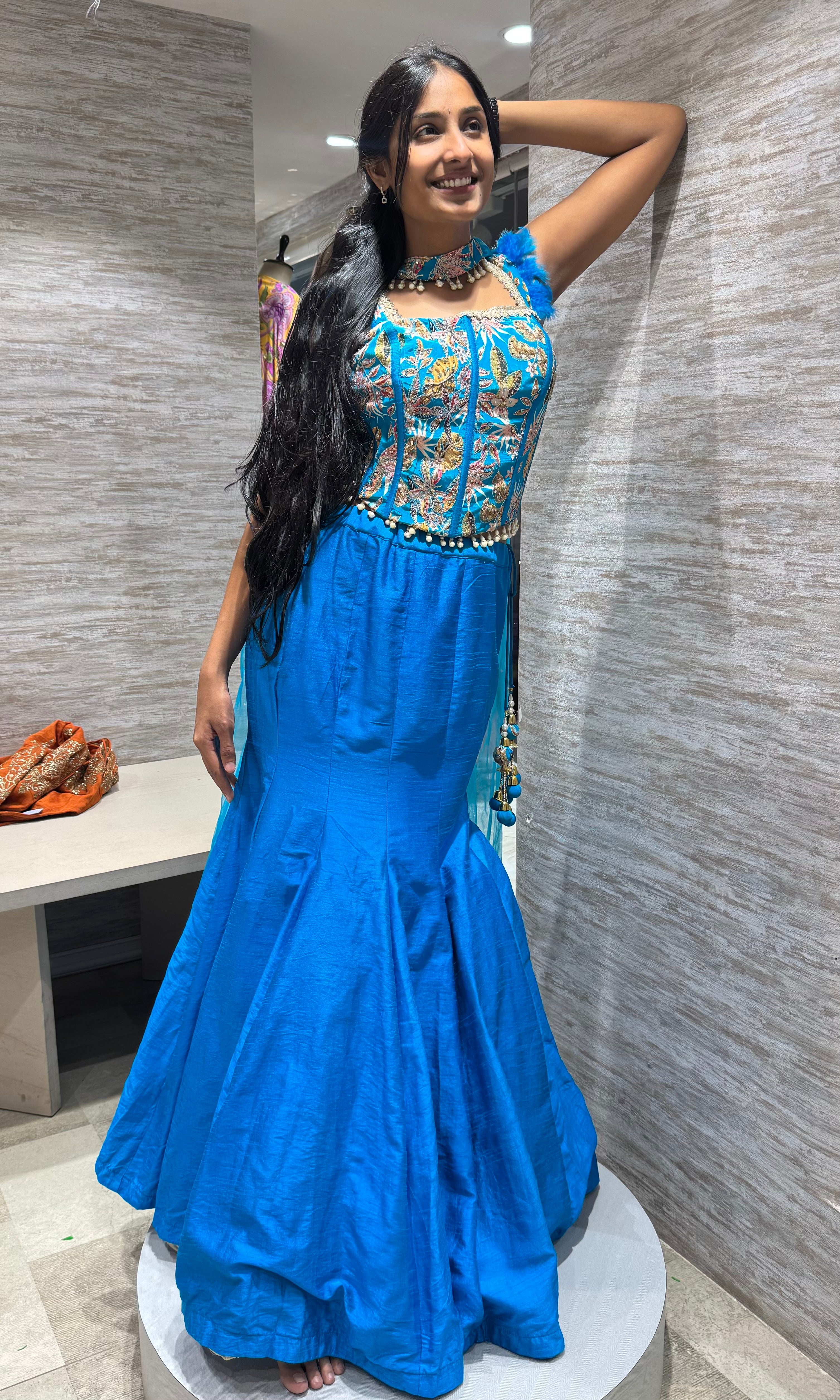 Blue embroidered corset blouse lehenga