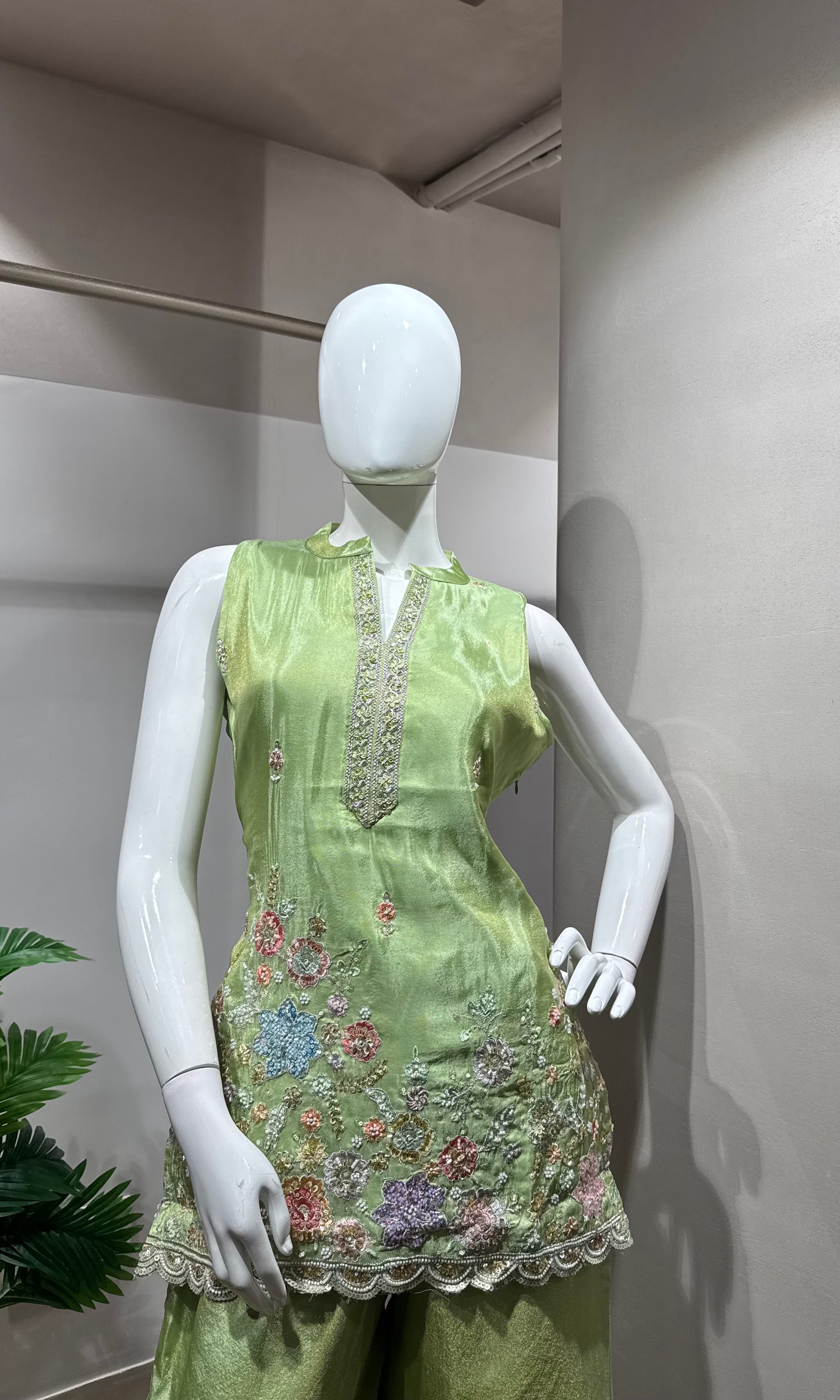 pista green floral embroidered sharara set