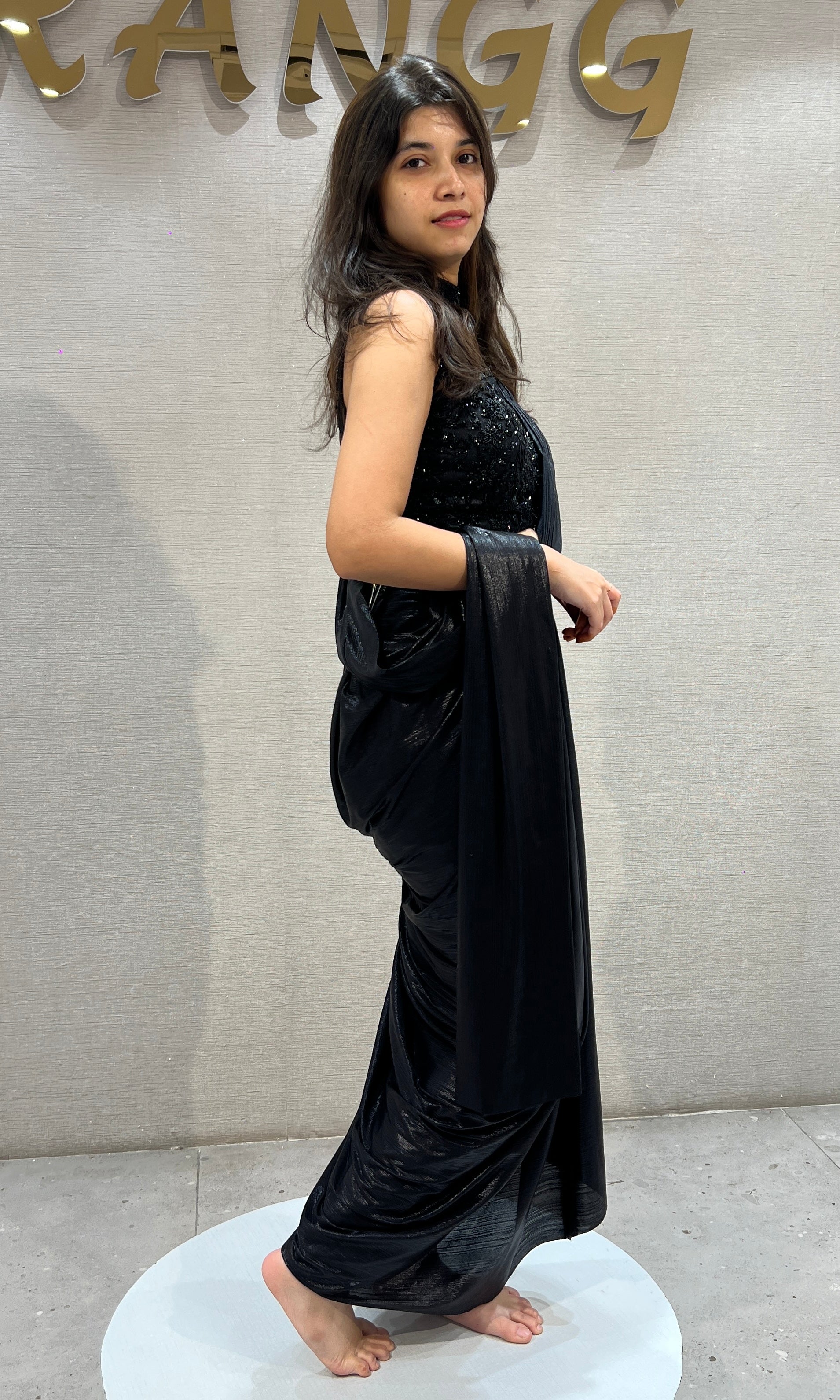 Black Drape Saree with Embellished halter blouse