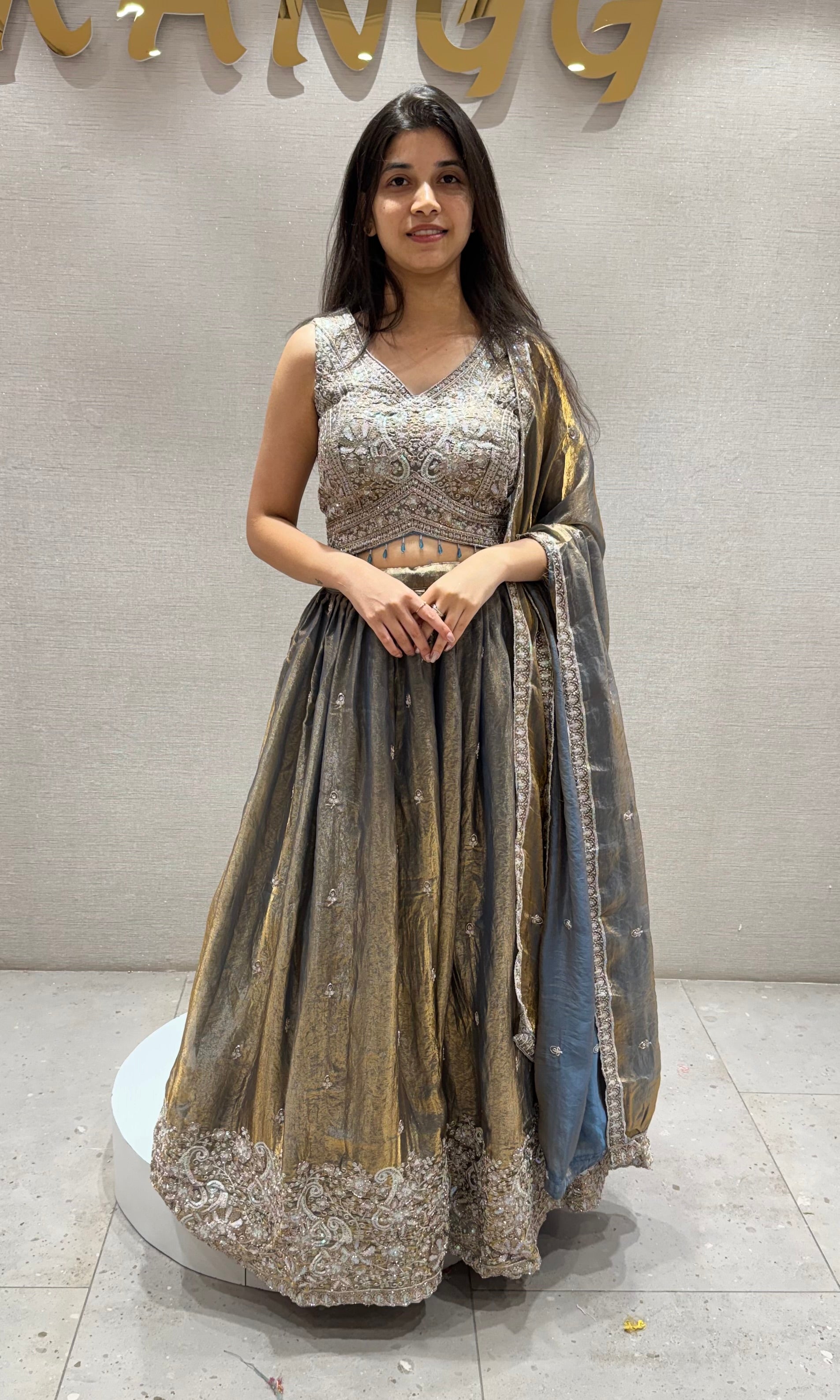 BLUE and GREY Tissue embroidered Lehenga