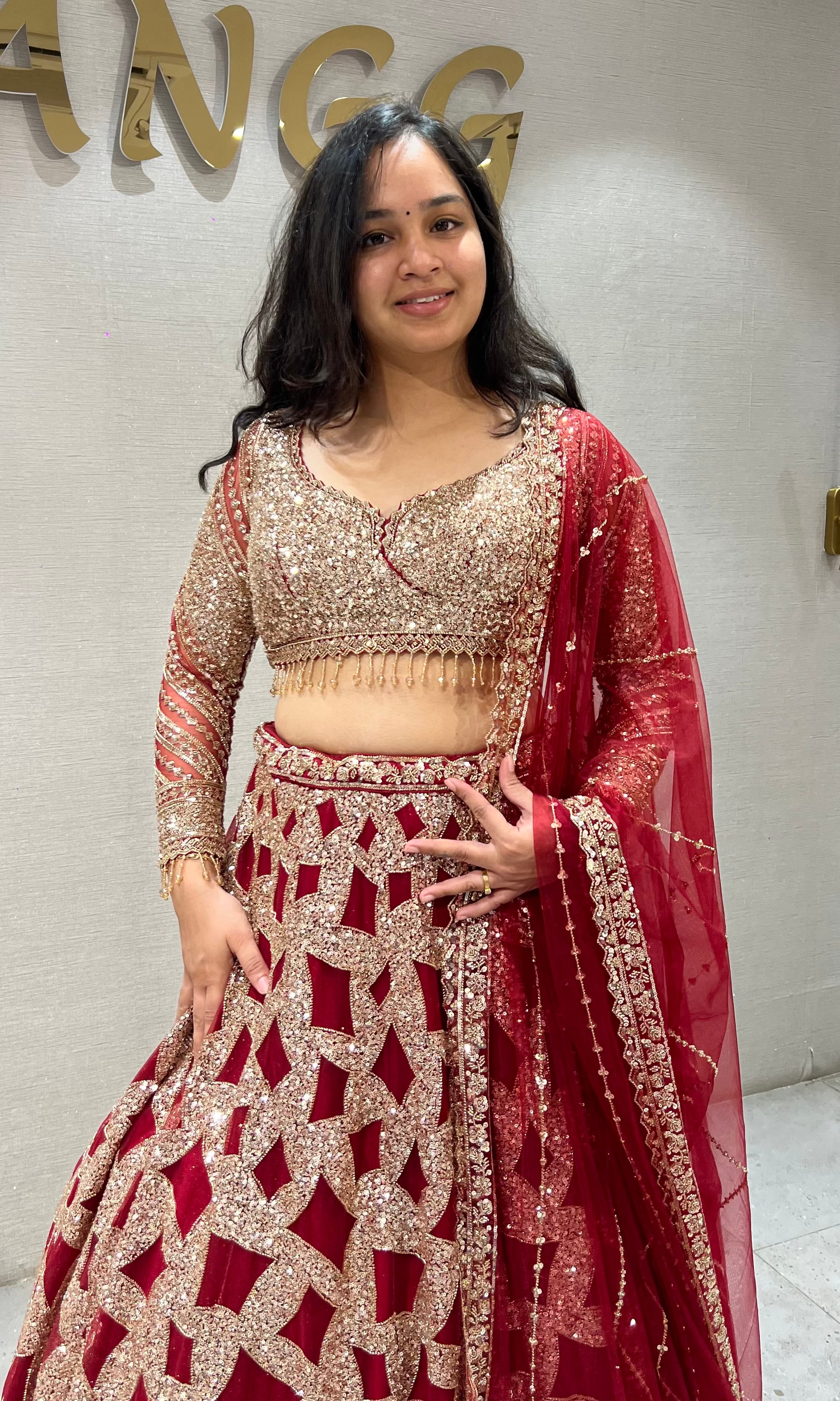 Maroon Geometric golden Bridal Lehenga
