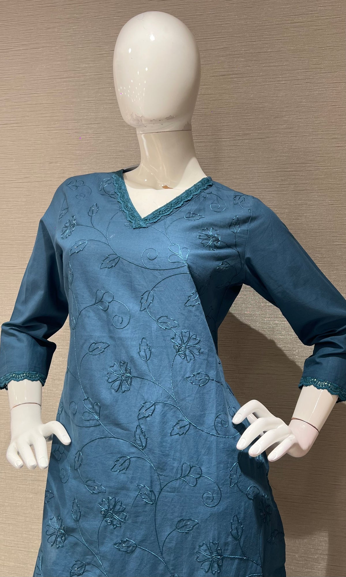 Blue Cotton Kurta Set with Pink Floral Embroidery