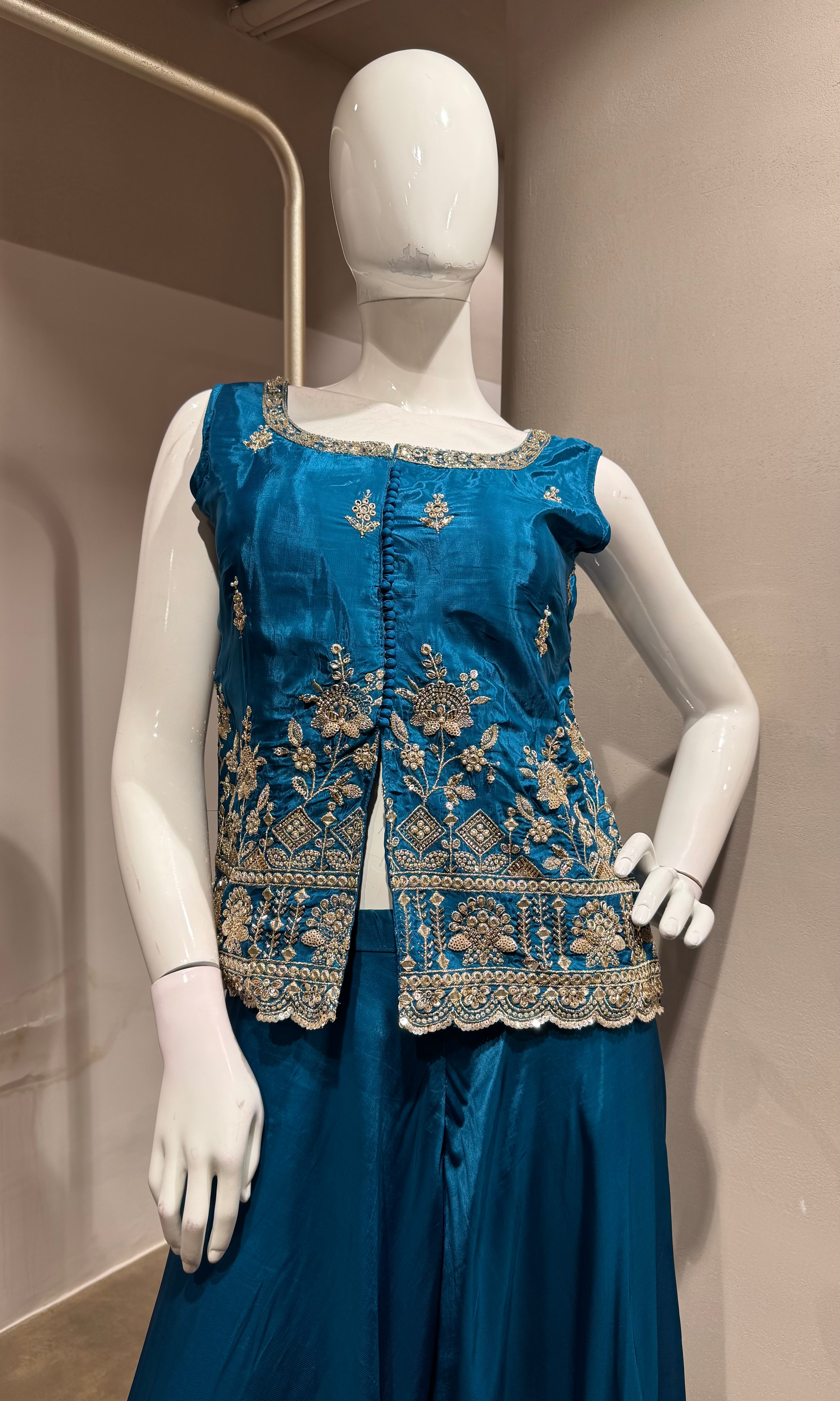 Blue Embroidered Silk Peplum Palazzo Set