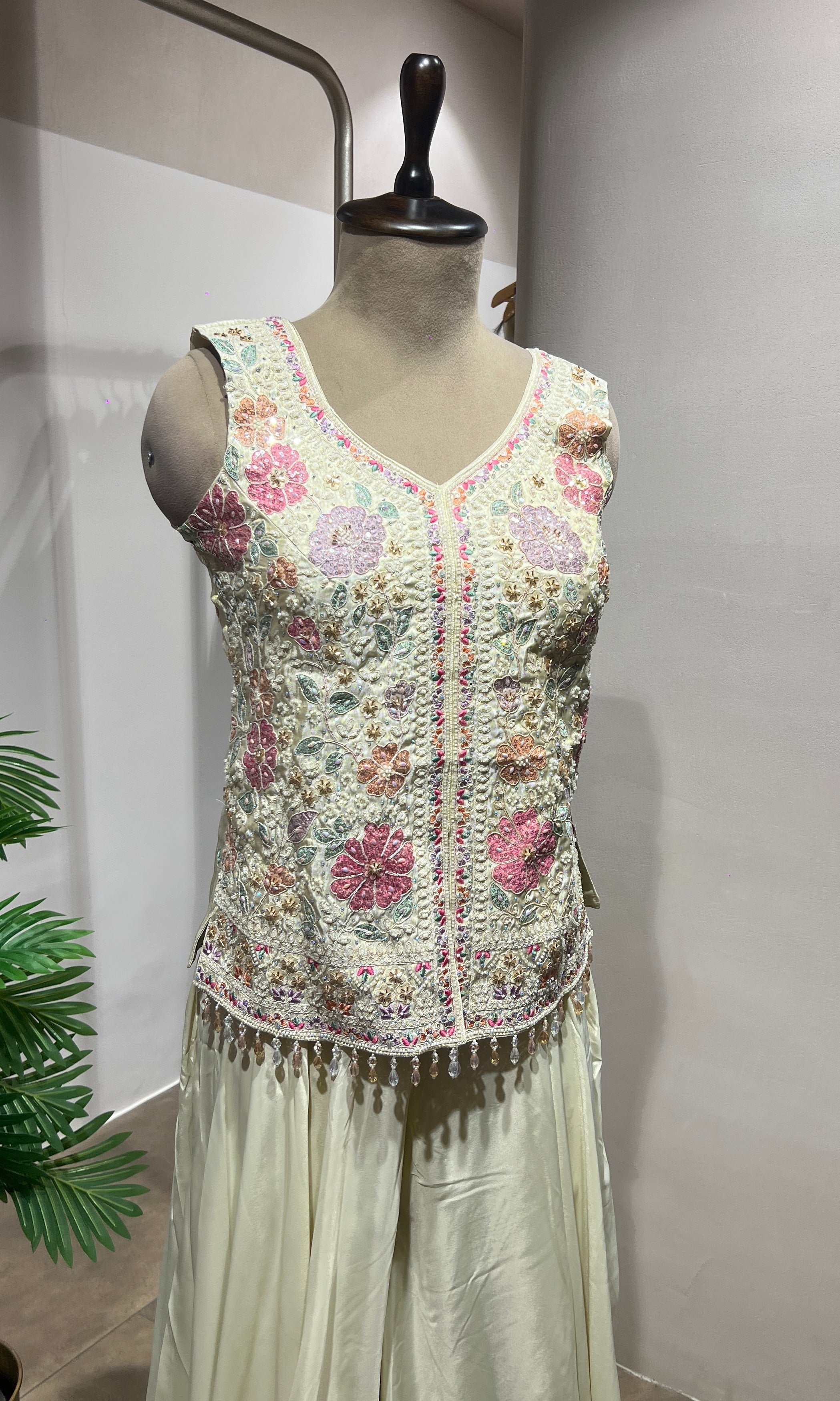 Cream Floral Embroidered Palazzo Suit