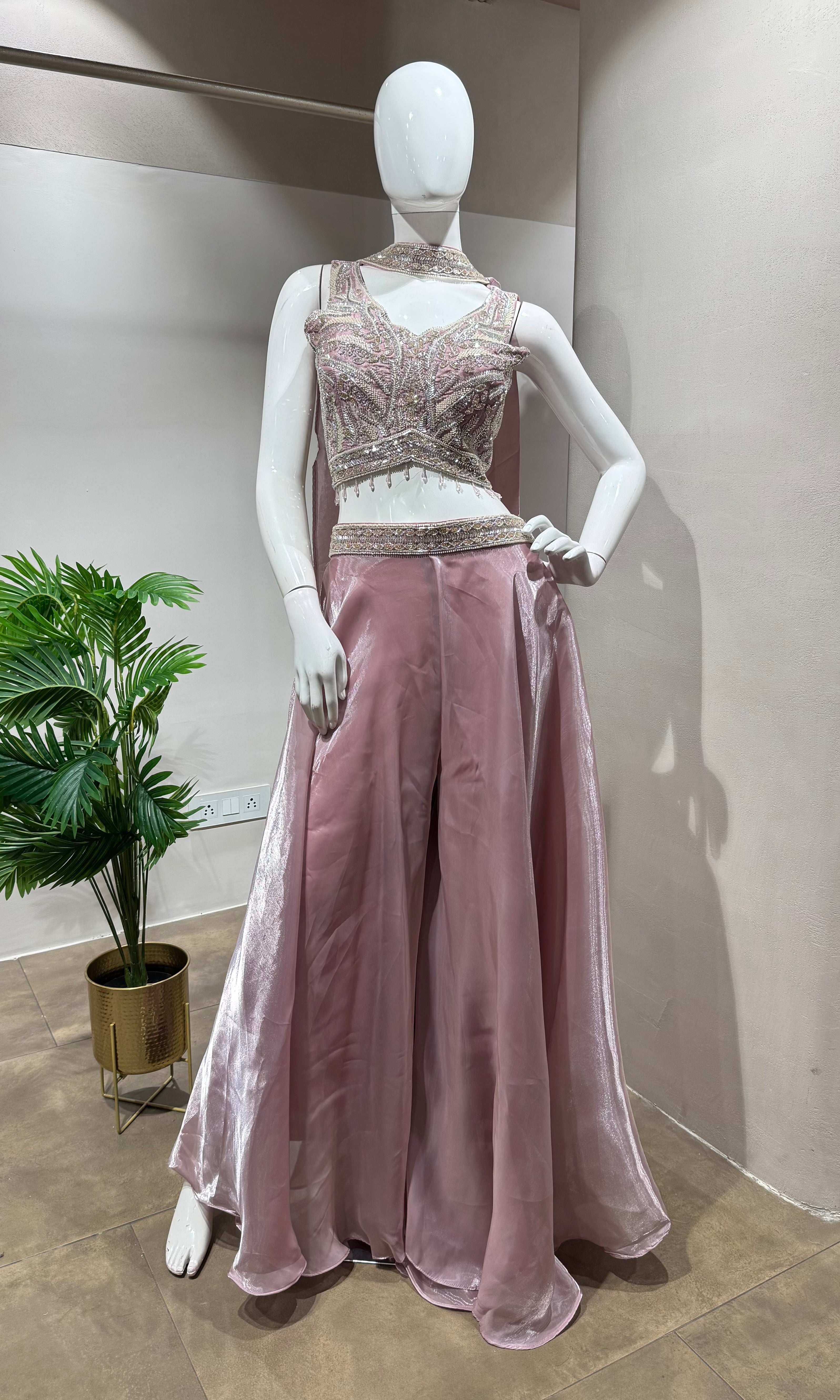 PINK Embellished Crop Top and Flared Palazzo Set
