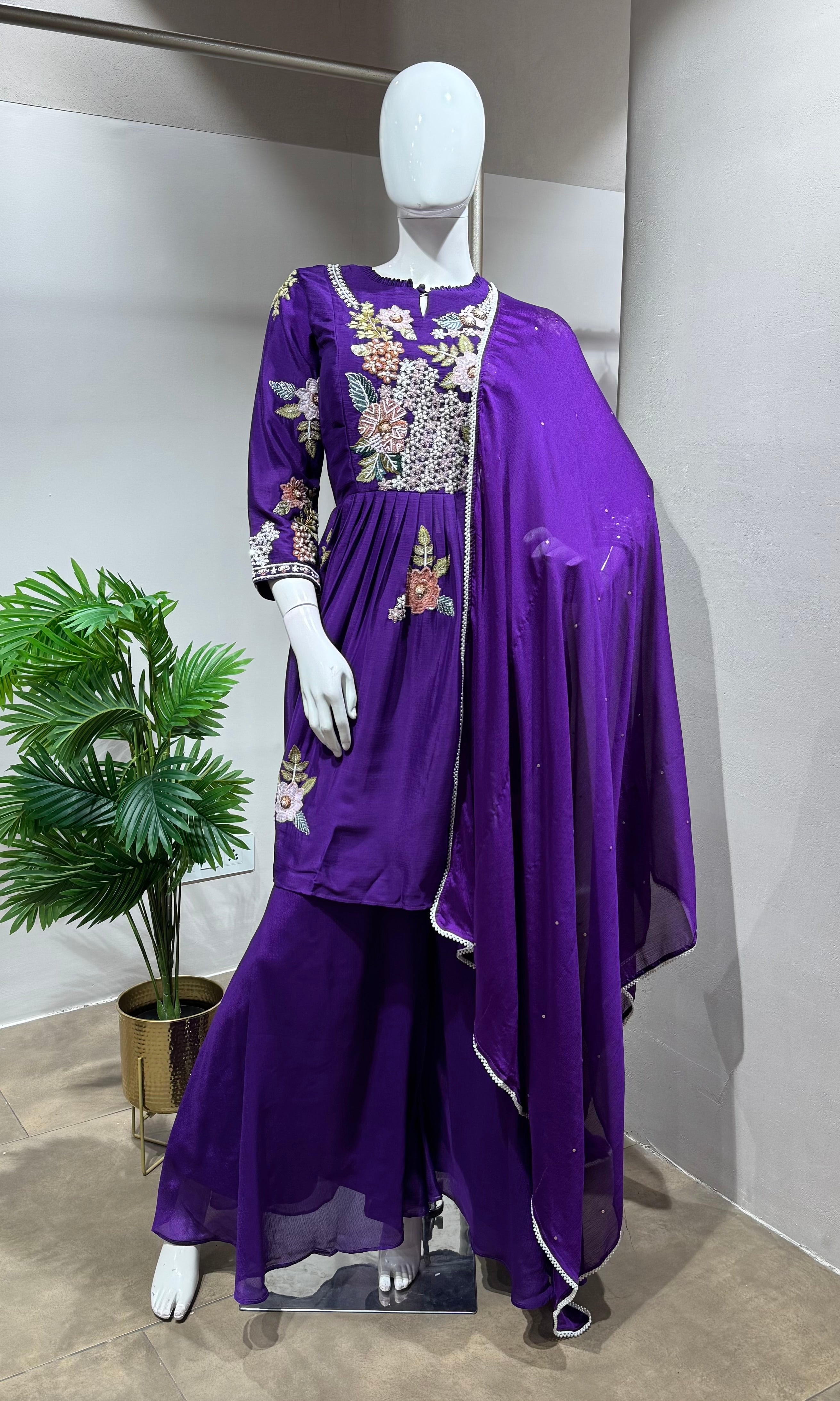 PURPLE peplum embroidered palazzo set