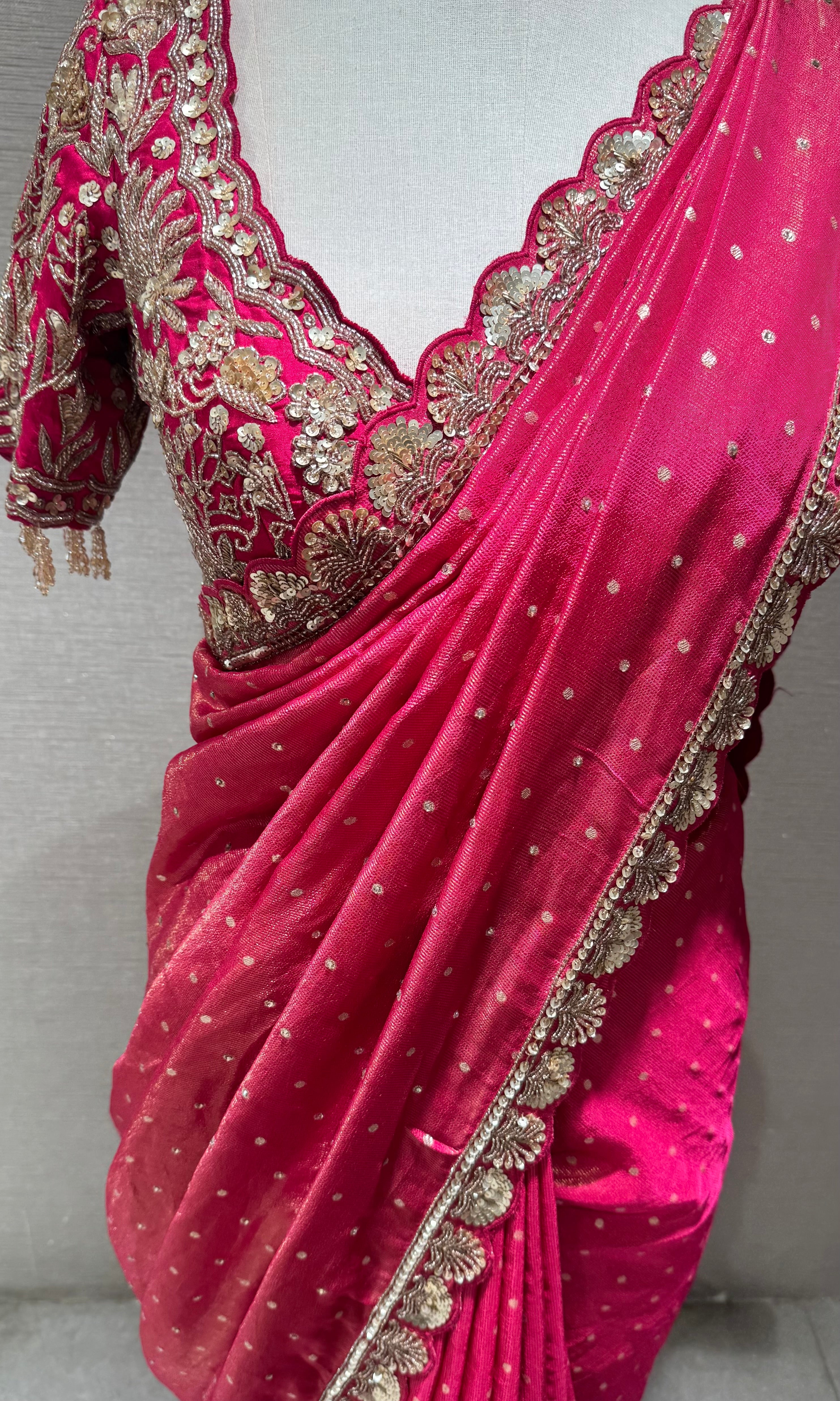 Pink Bandhani Saree with embroidered blouse