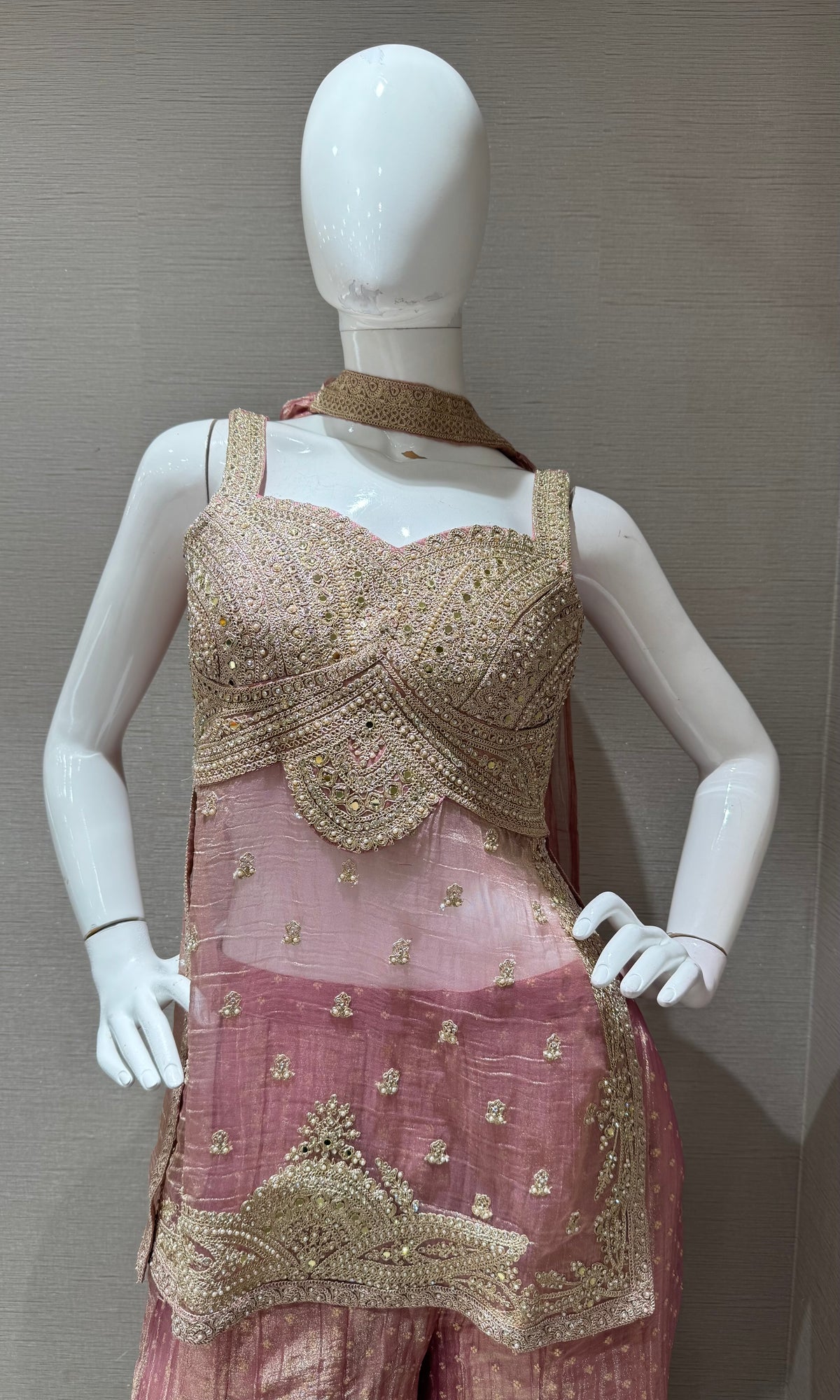 Blush Pink WITH Gold Embroidered Tissue Silk Sharara Set
