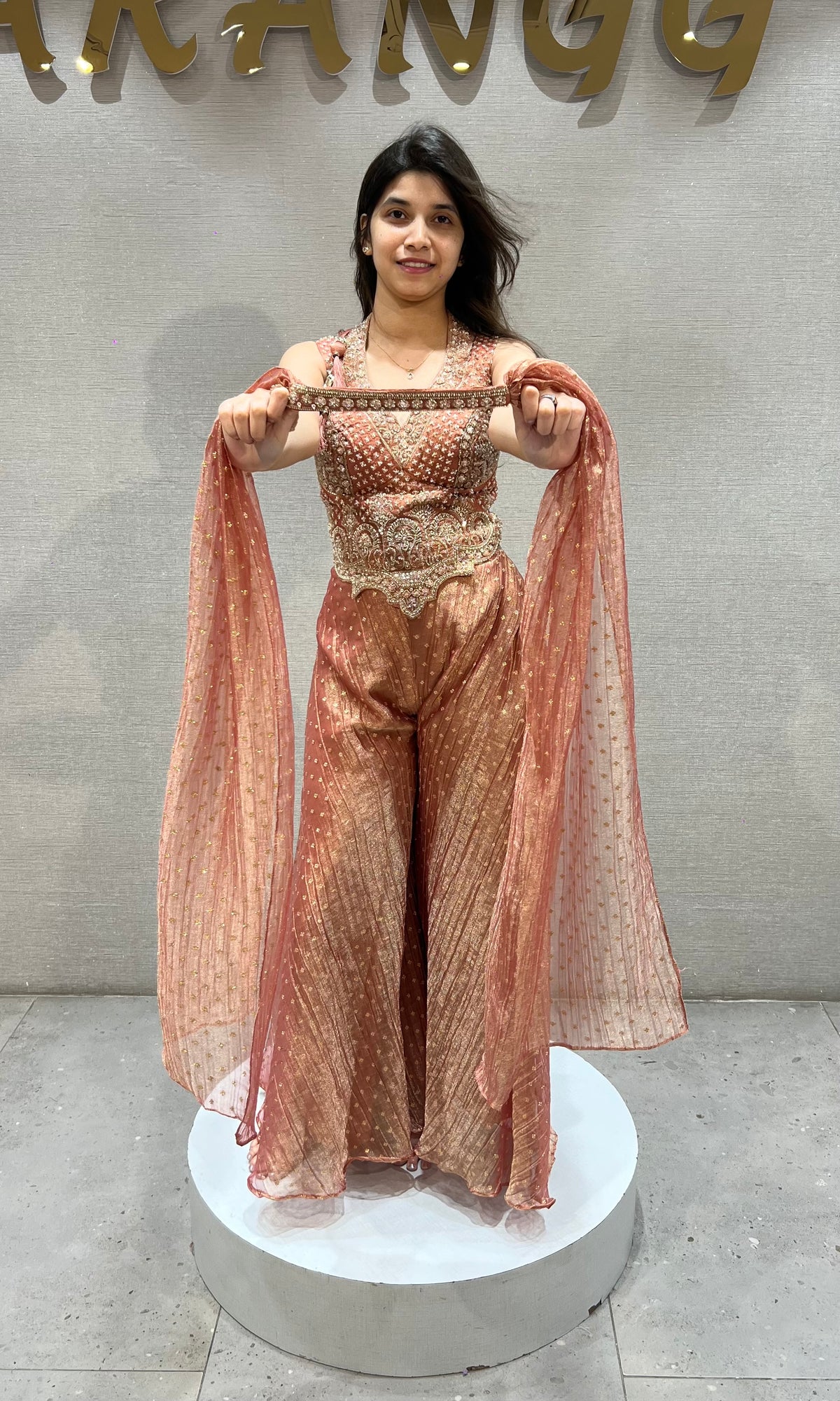 Rust Shimmer embroidered crop top palazzo set