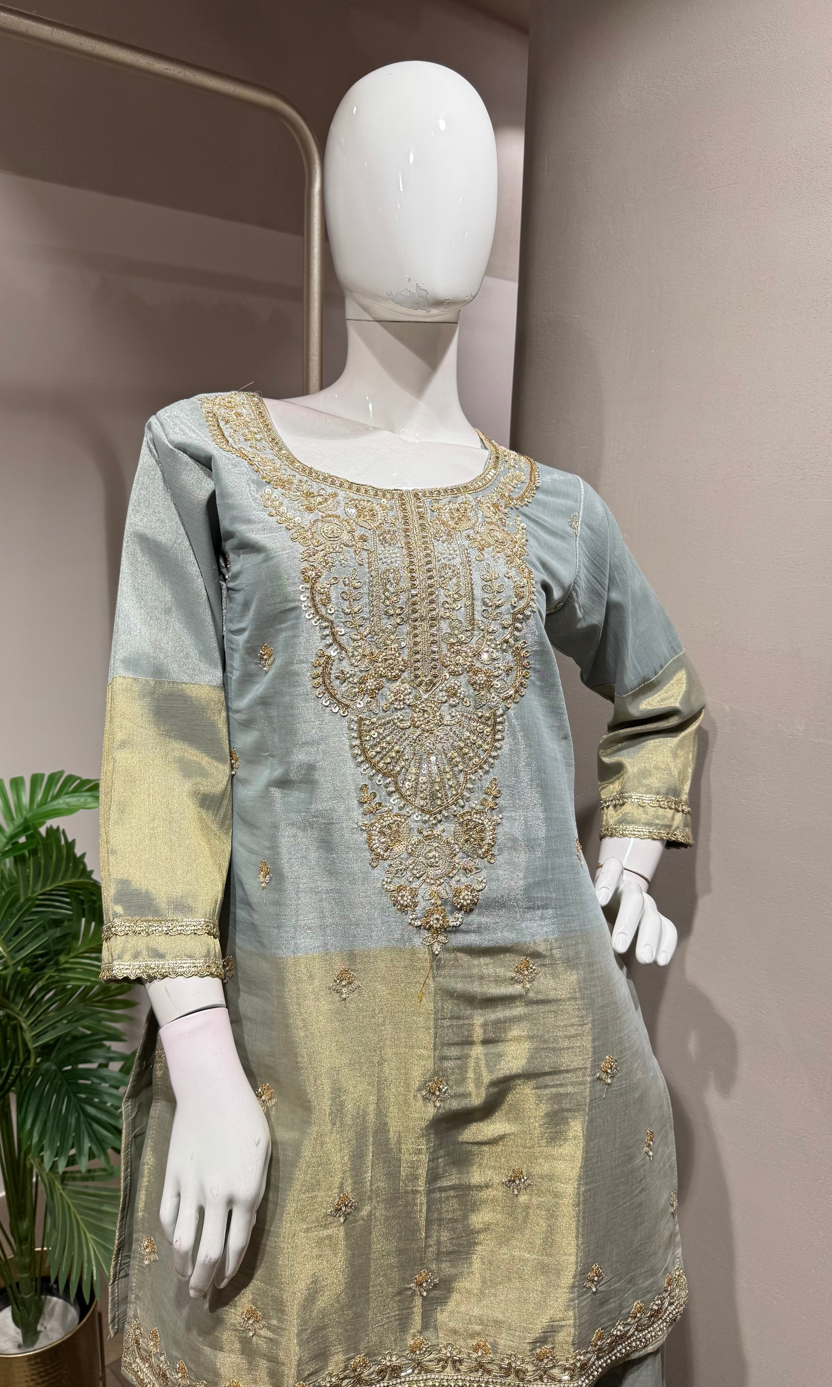 Grey & Gold Embroidered Festive Sharara Set