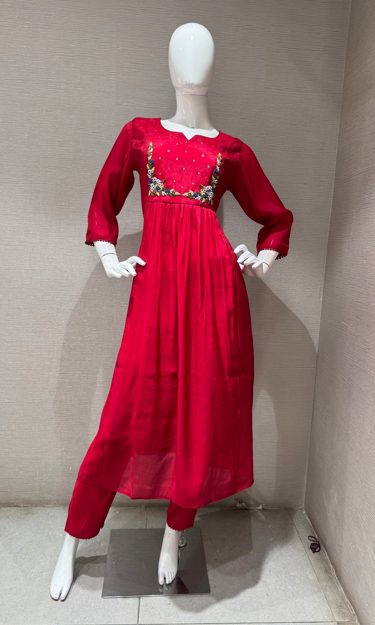 Red Chanderi silk kurta set with dupatta