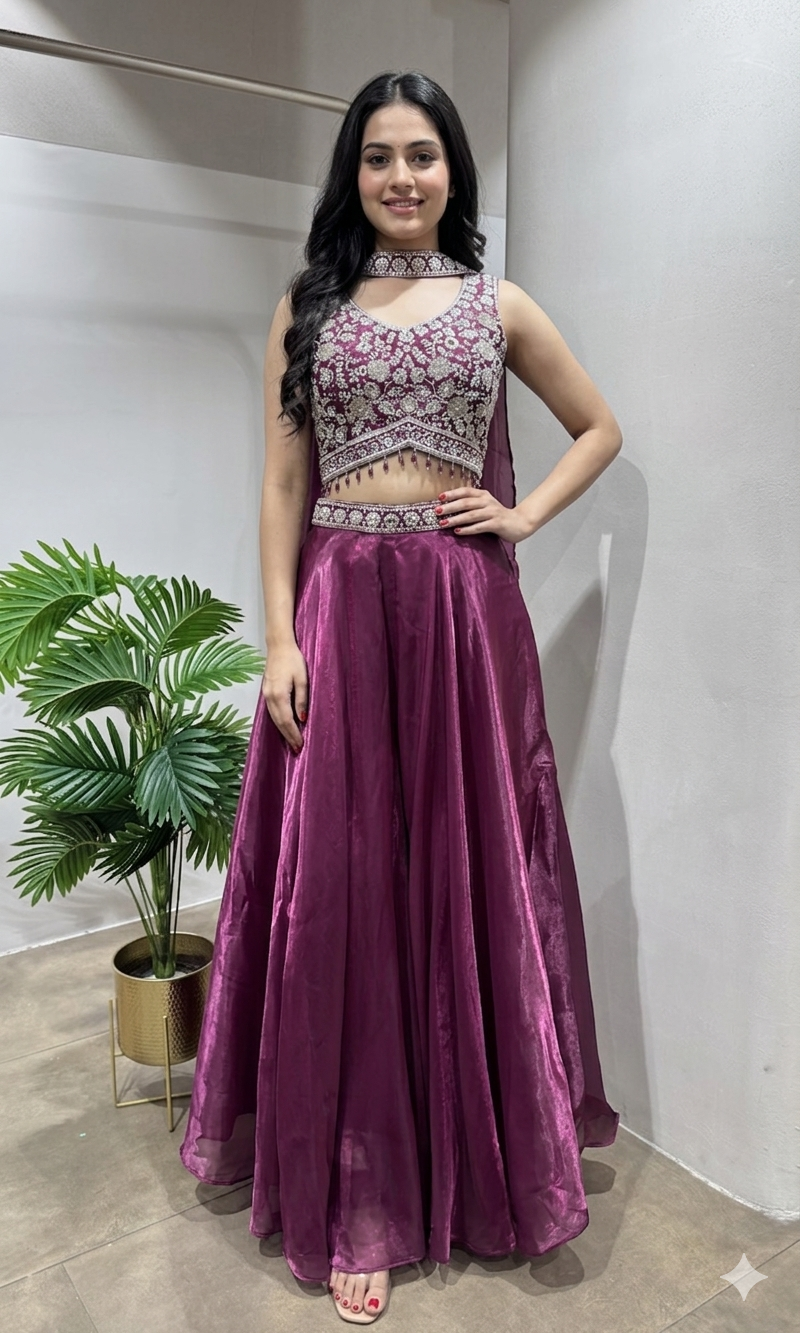 wine floral embroidered crop top palazzo set