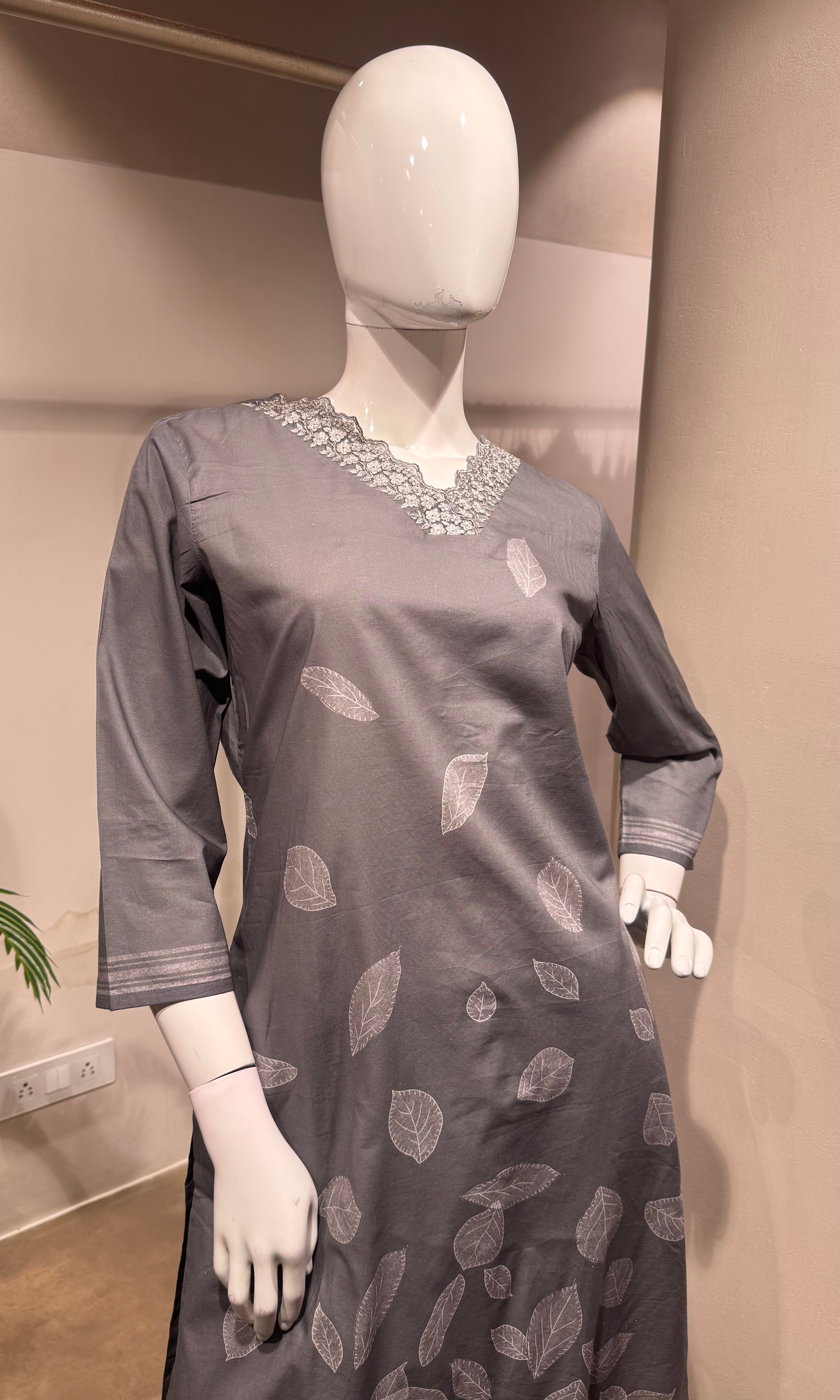 Grey leaf printed kurta set