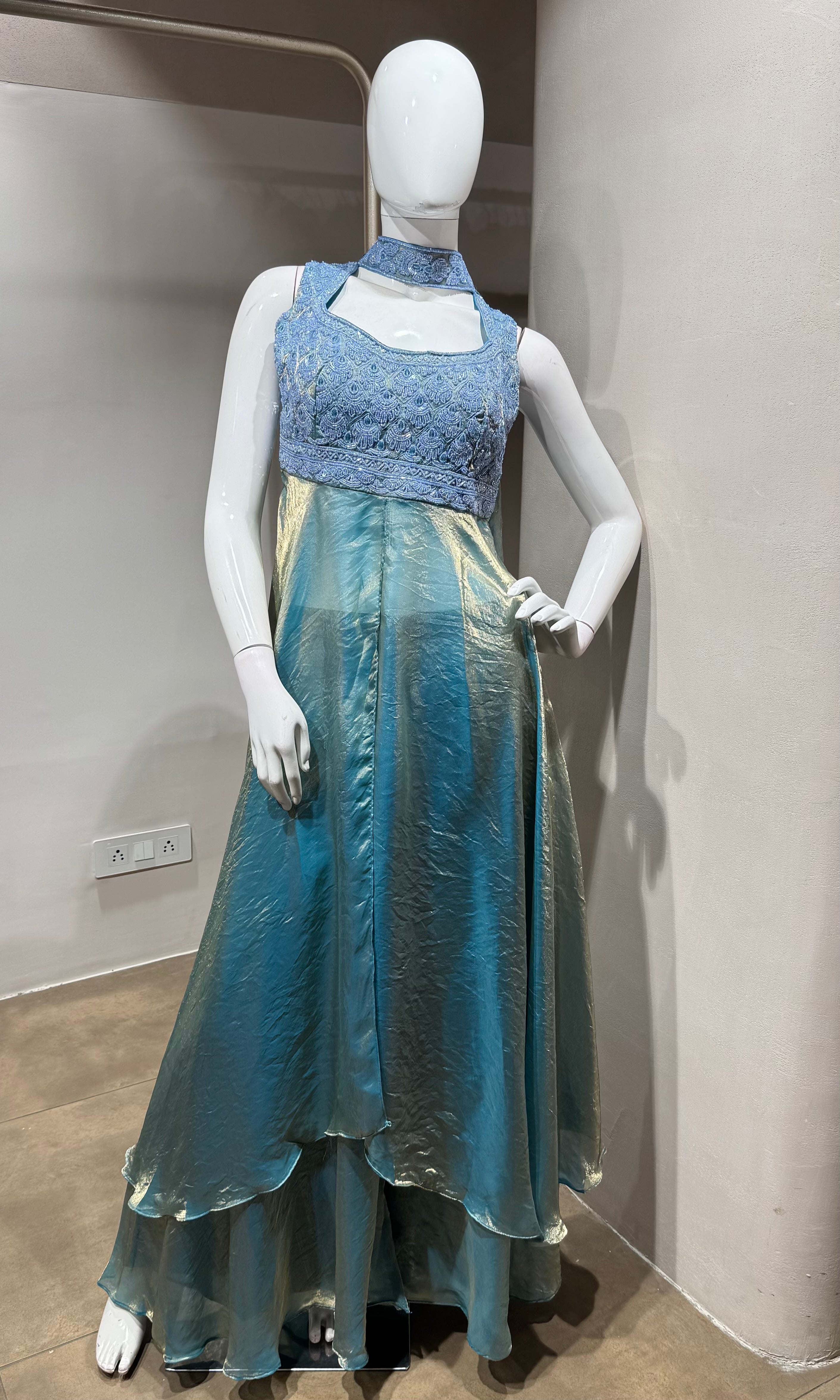 Sea Blue A-Line Shimmer Tissue Palazzo Set