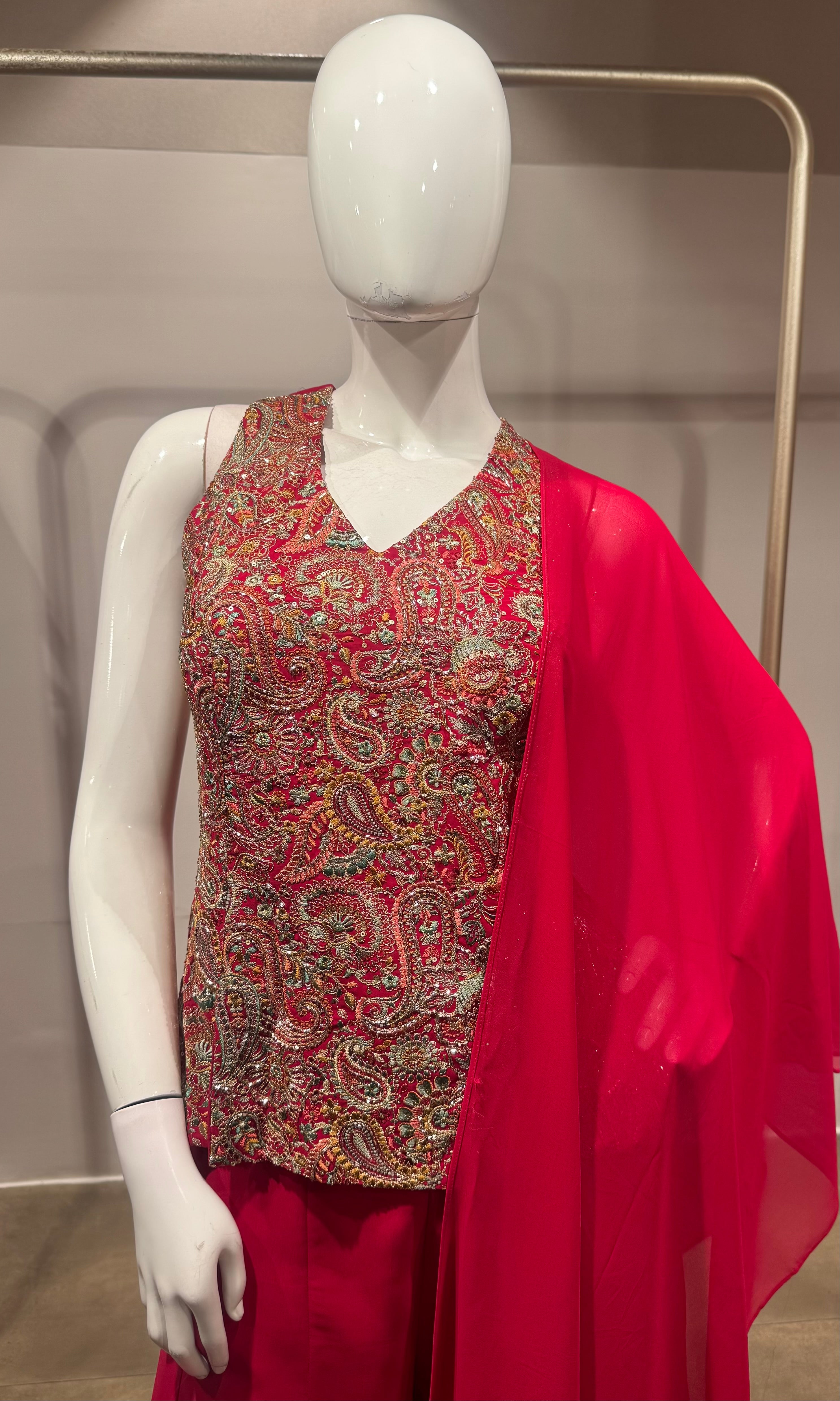 Pink Embroidered Peplum Palazzo Set