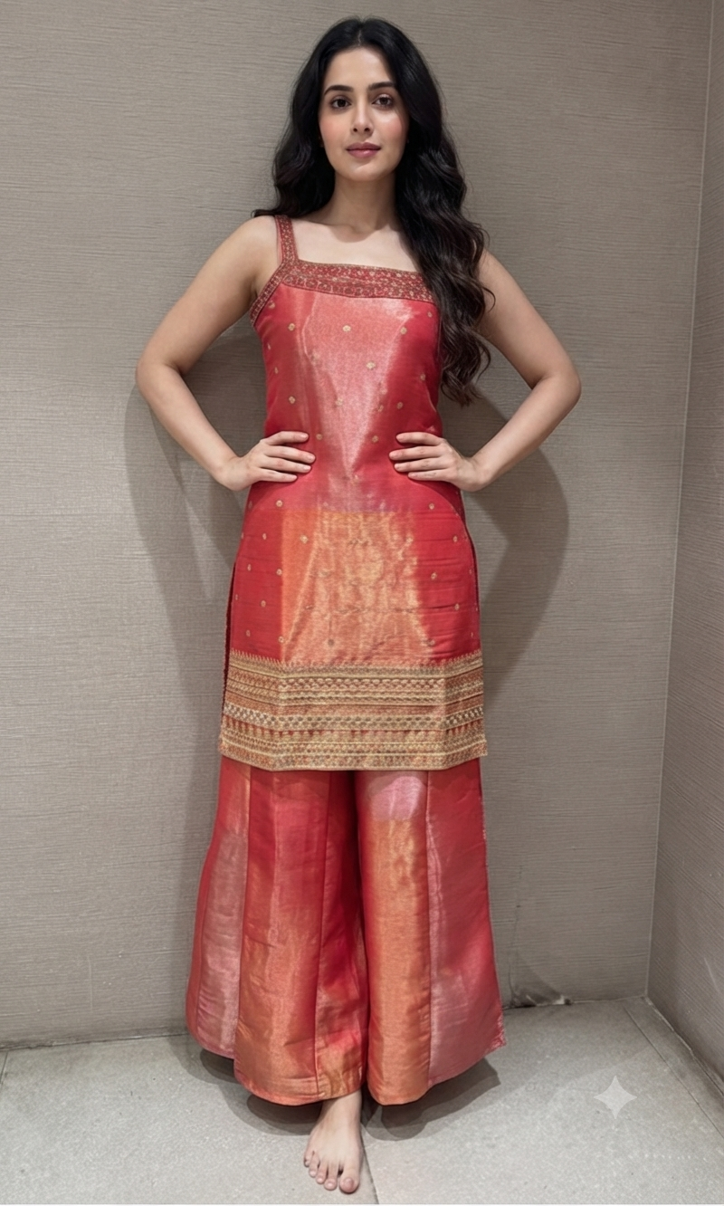 Pink and Gold Zari Sharara set with Sheer Dupatta