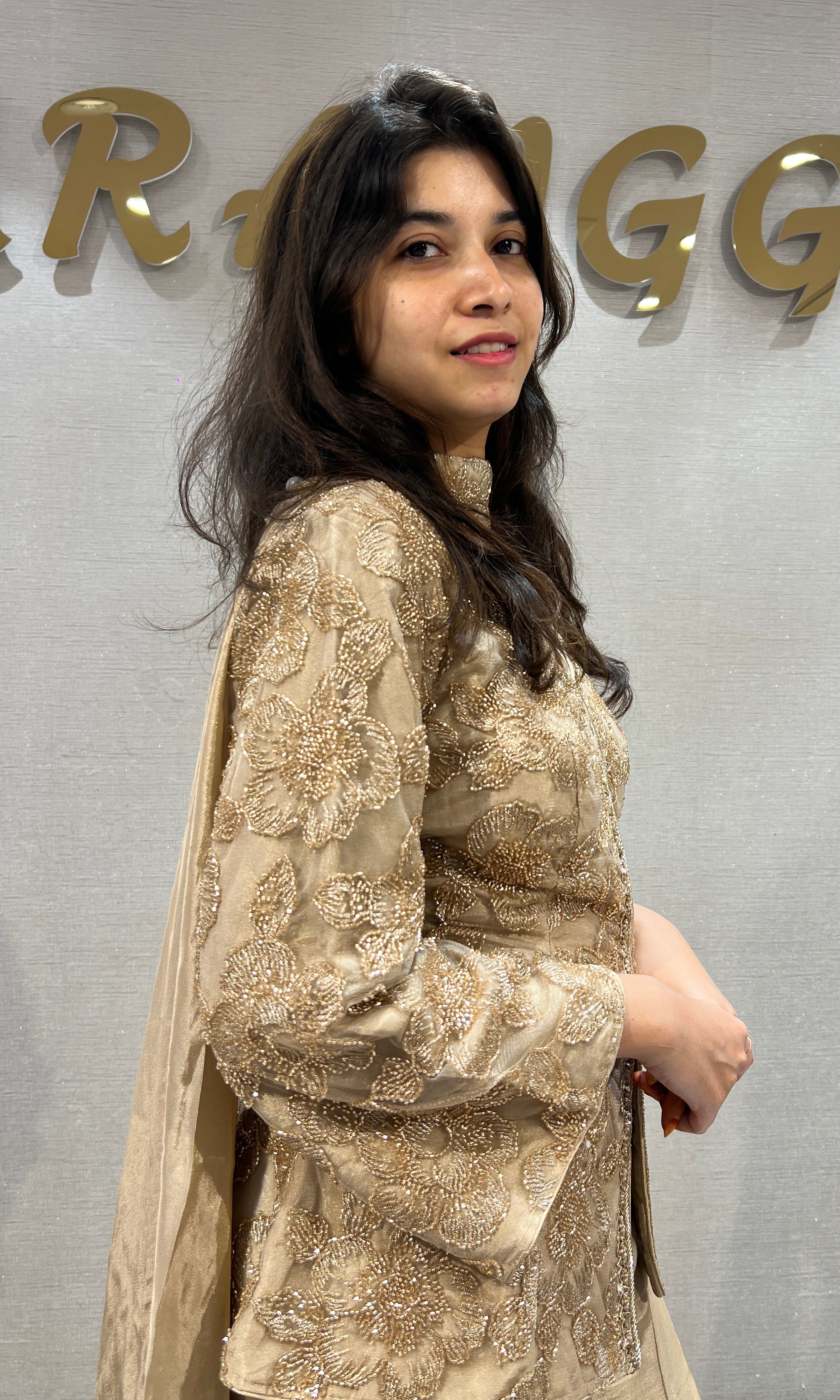Beige and Gold Embroidered Palazzo set