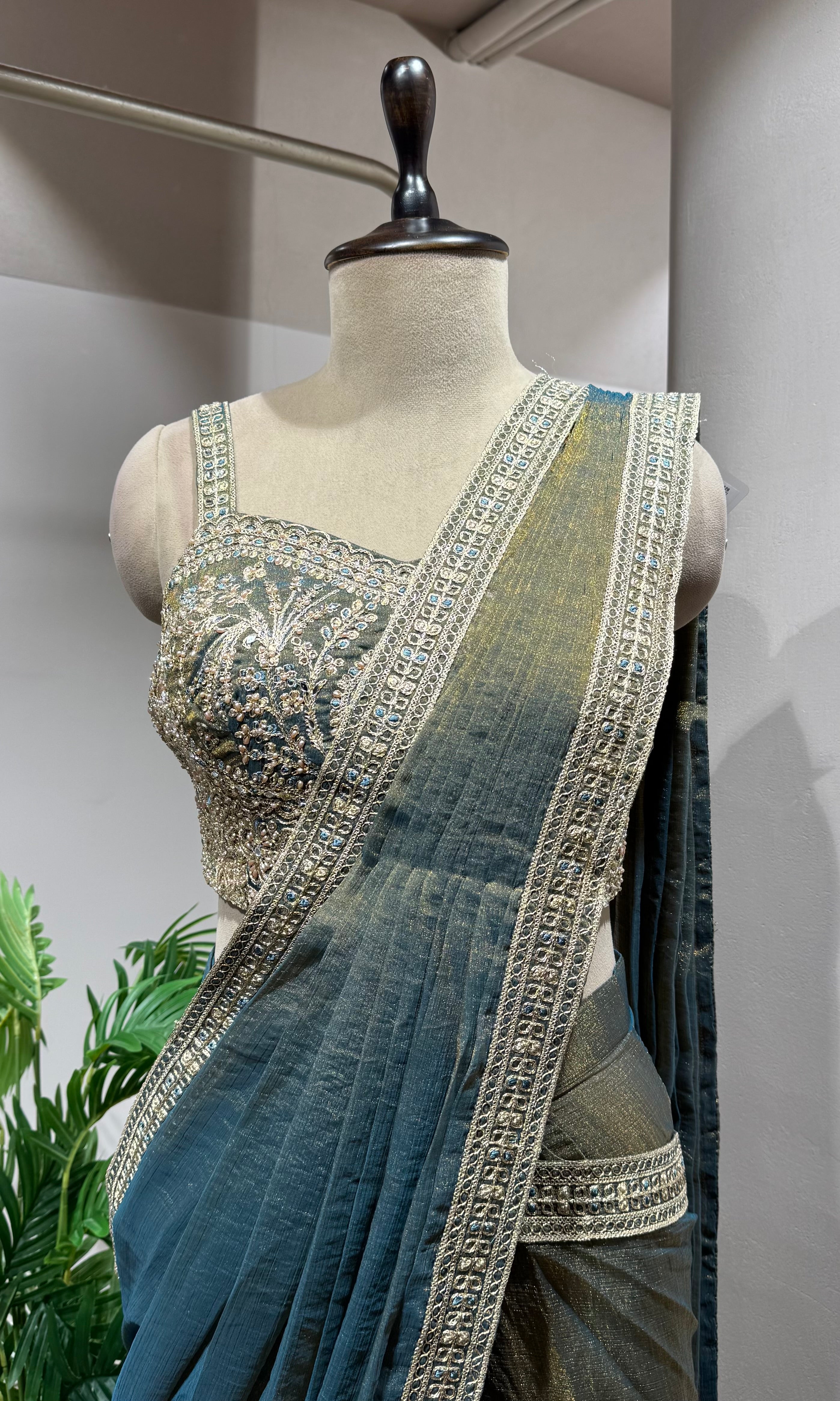 Green and Silver Shimmer drape Saree