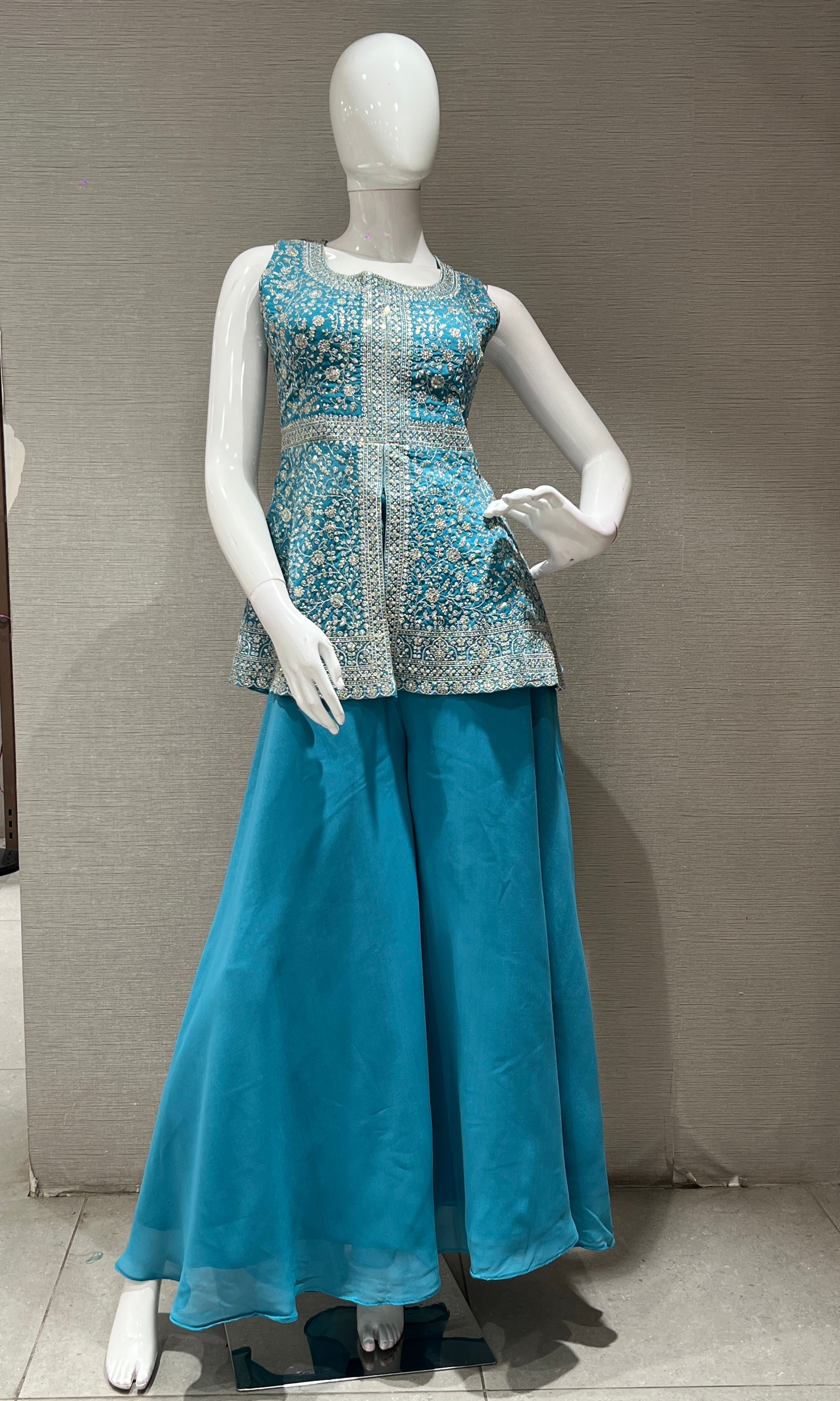 Blue EMBROIDERED PEPLUM PALAZZO