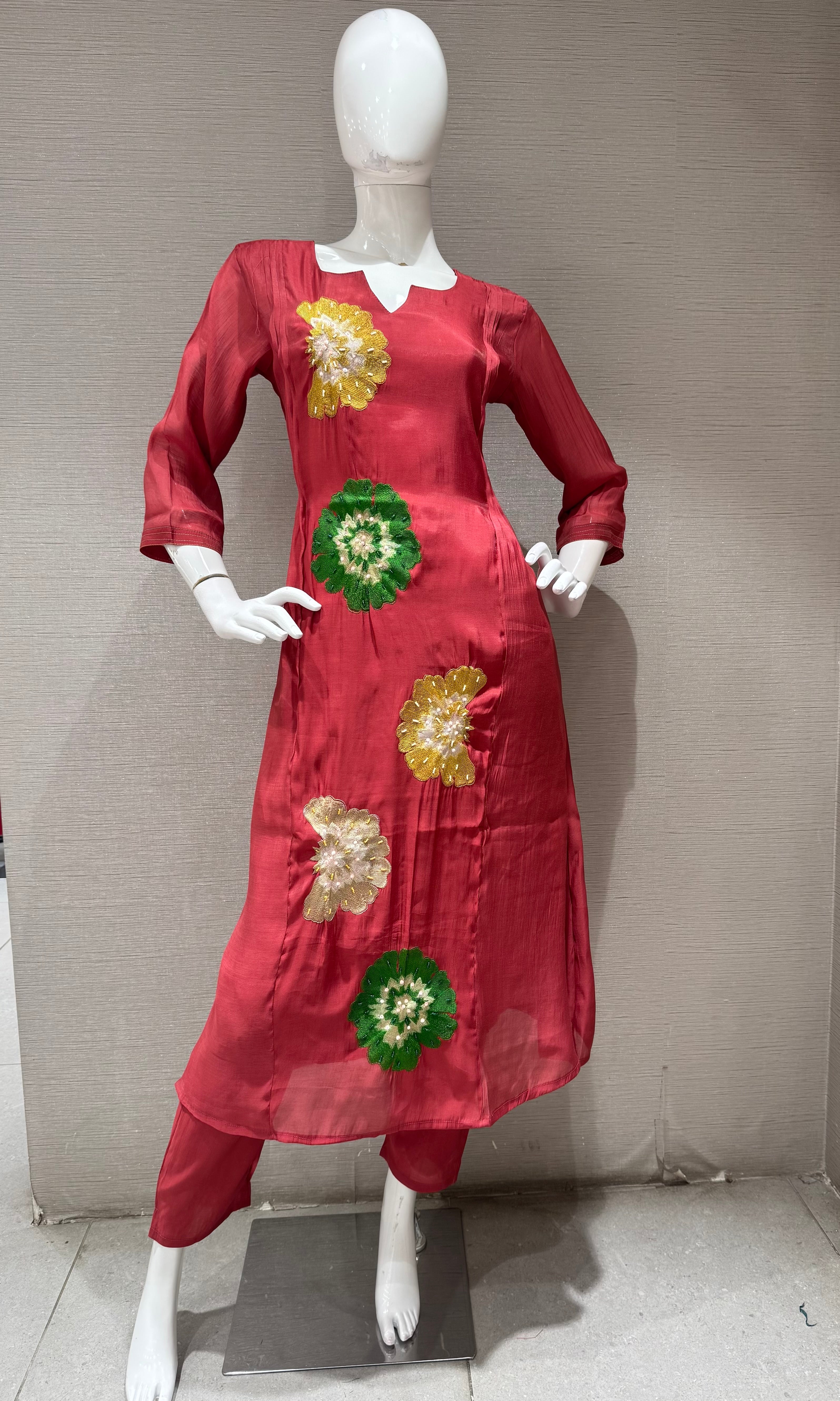 Maroon cotton silk Floral Motif Kurta set with dupatta