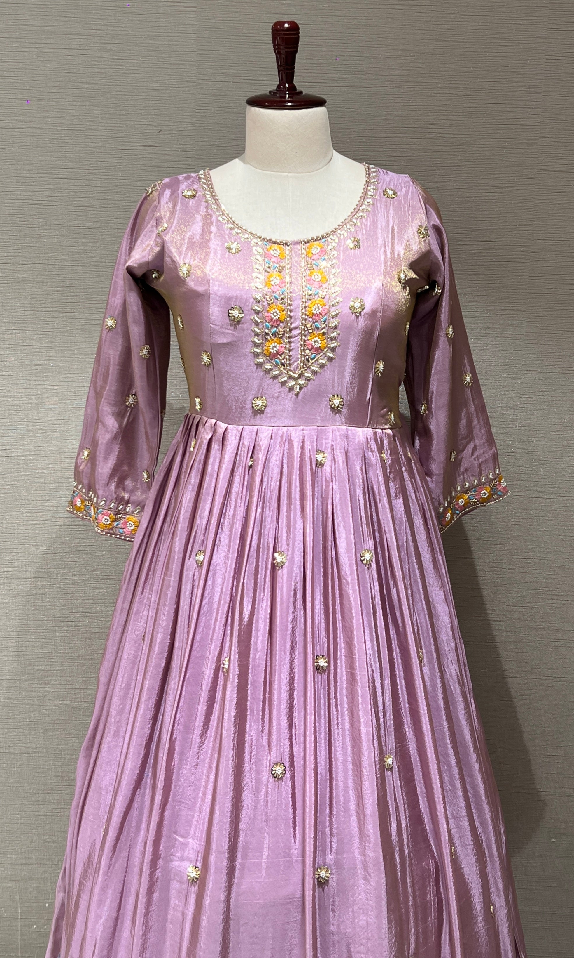 Lilac Anarkali Long Gown with Floral Embroidery and Dupatta
