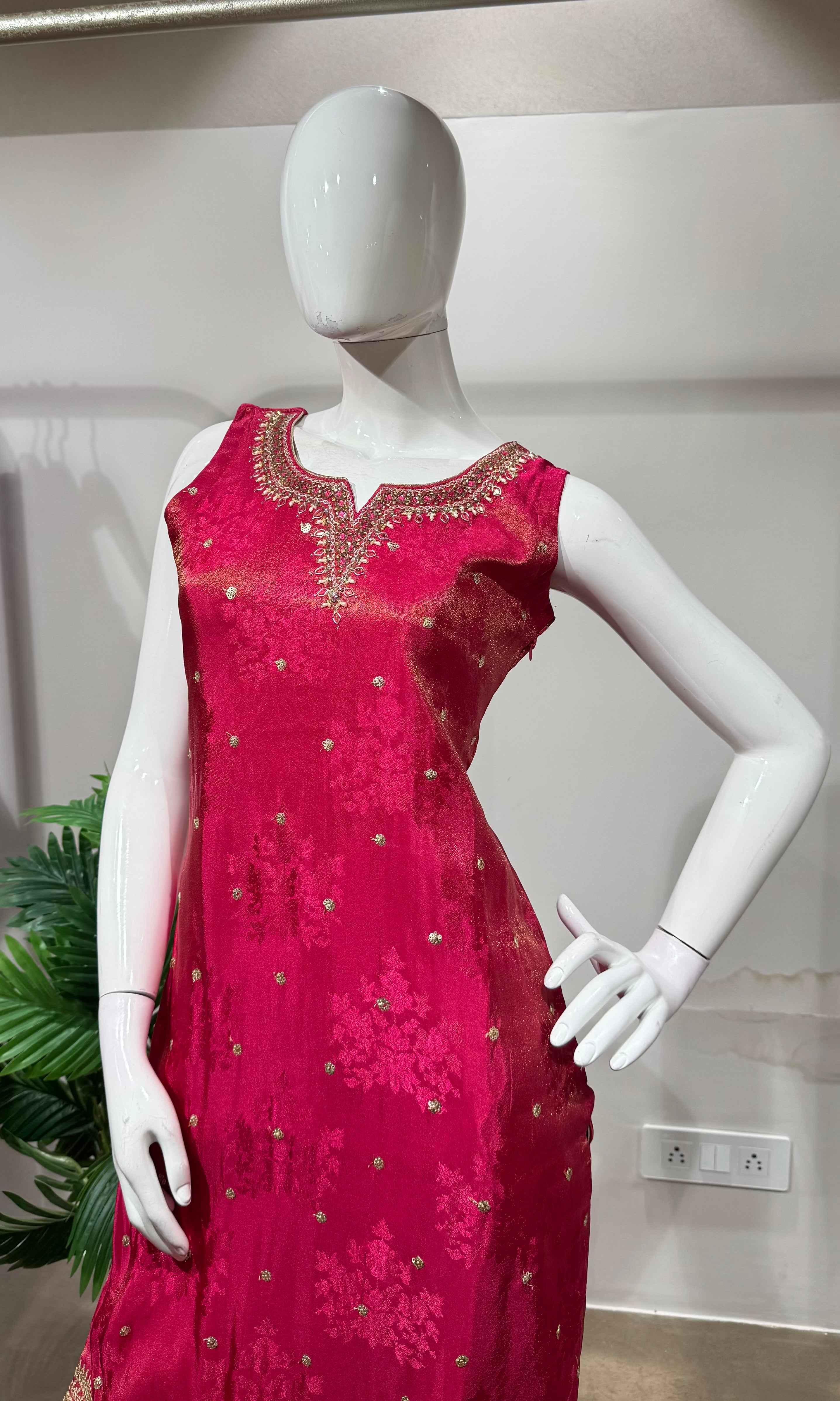rani and gold embroidered kurta set