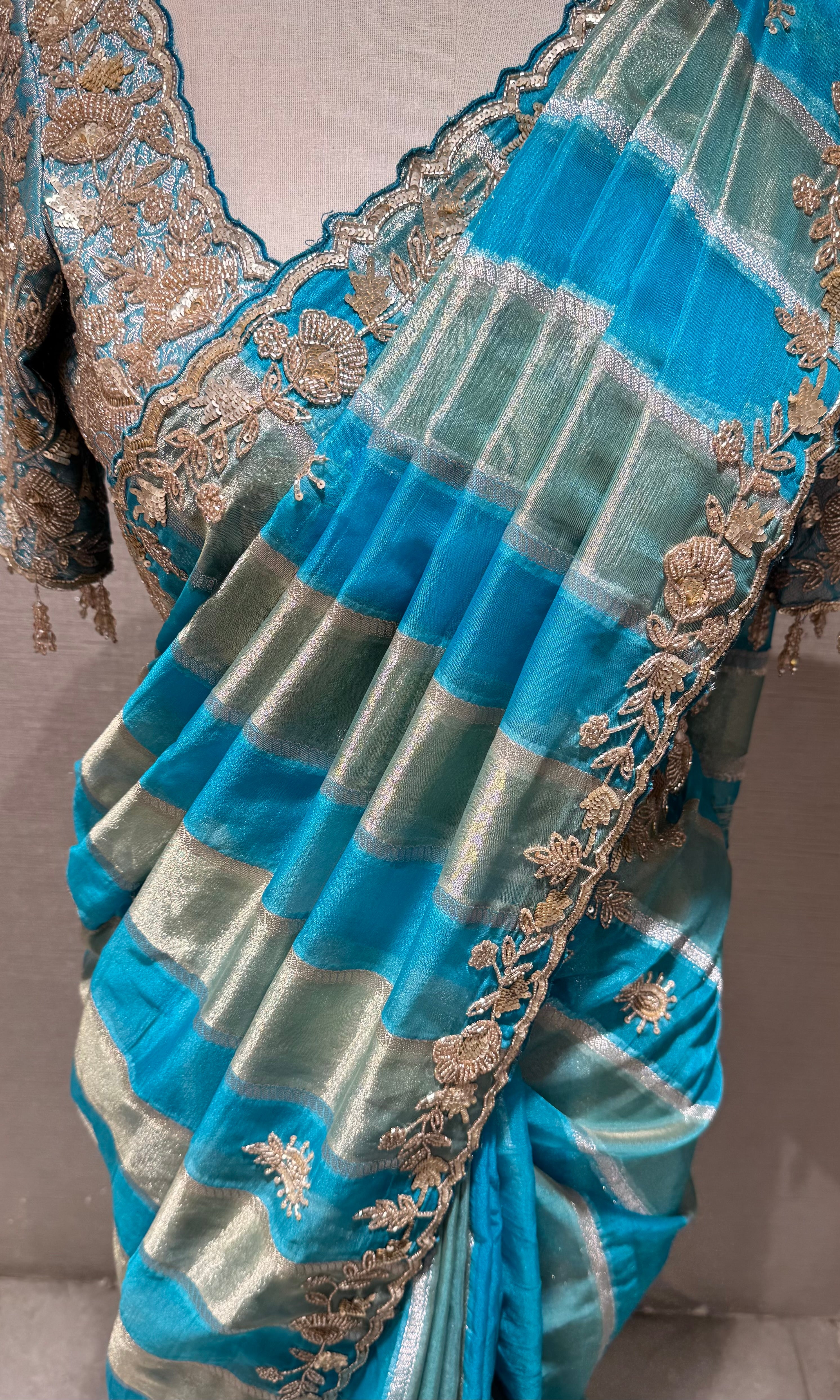 Blue Leheriya saree with embroidered blouse