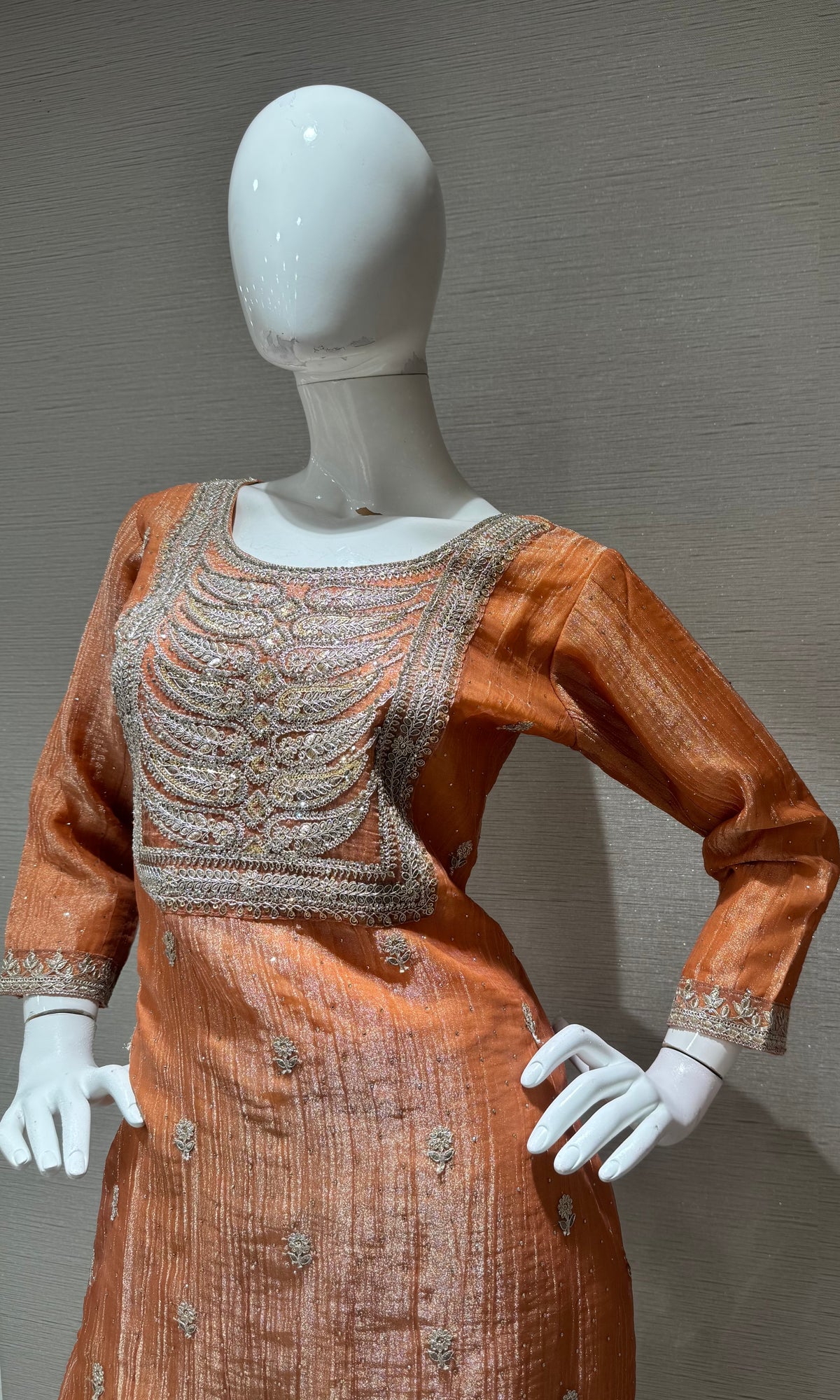 Peach Shimmer Embroidered Kurta Set with Sheer Dupatta