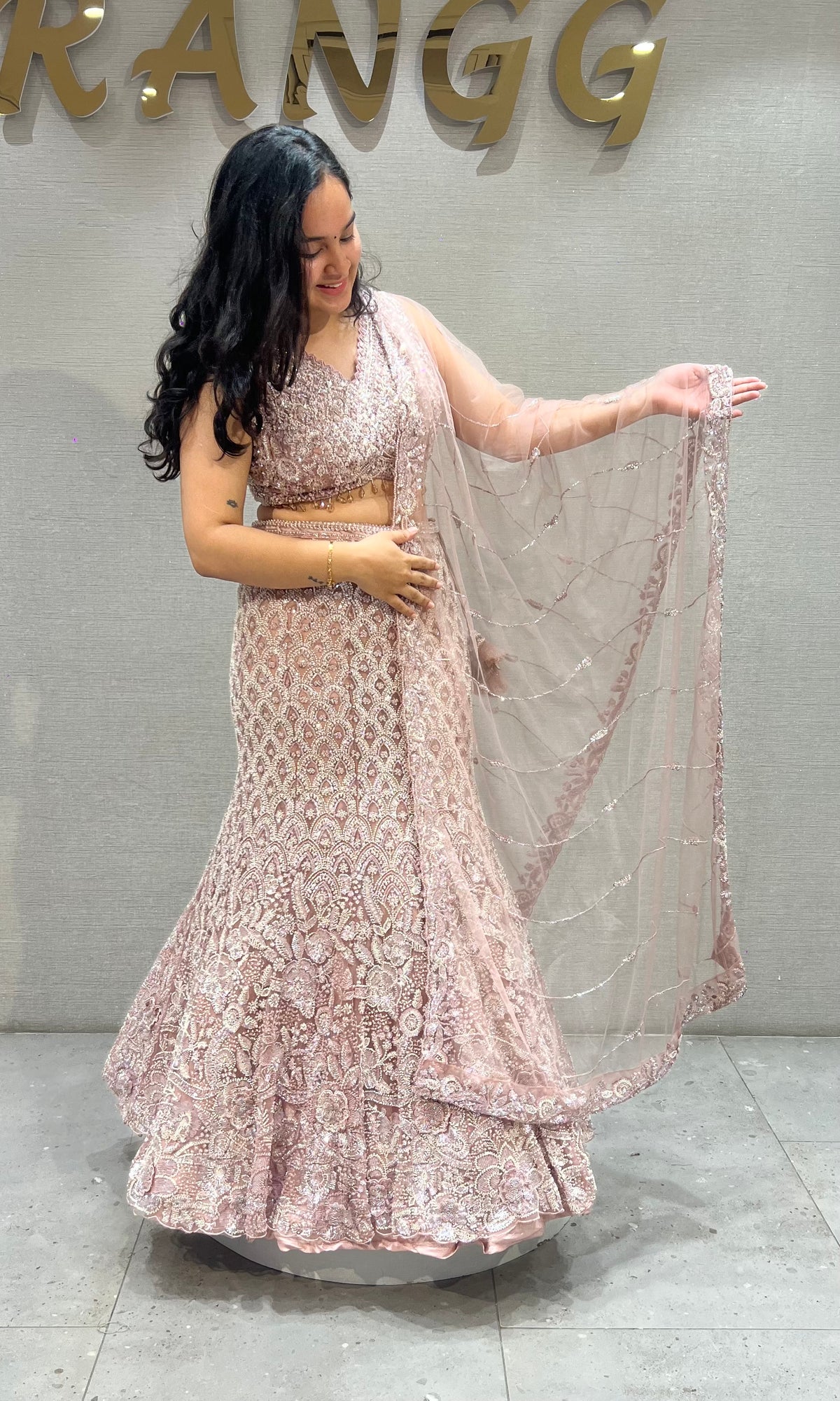 Onion Pink Embroidered fish cut Lehenga with Sheer Dupatta