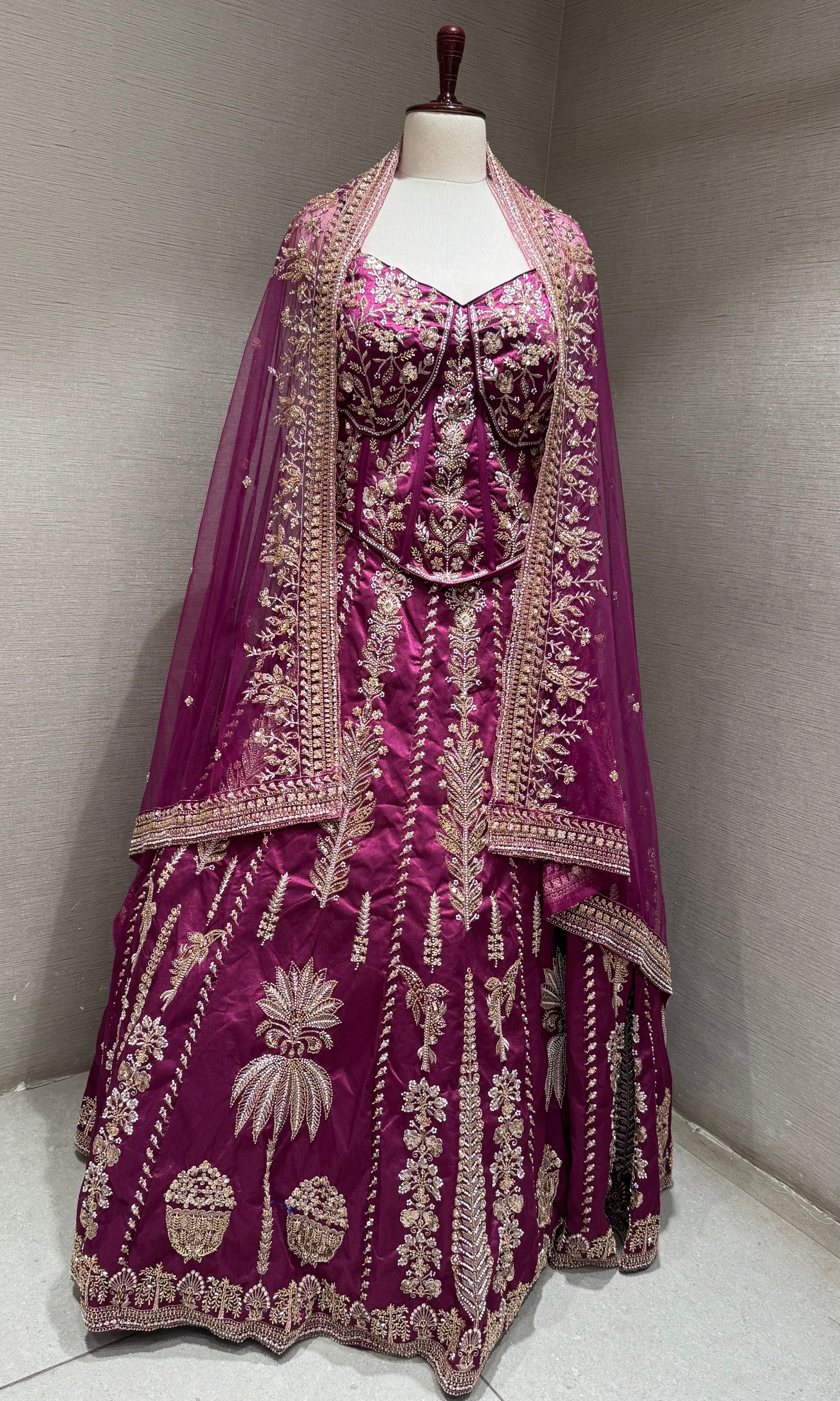 Wine embroidered peplum crop top lehenga set