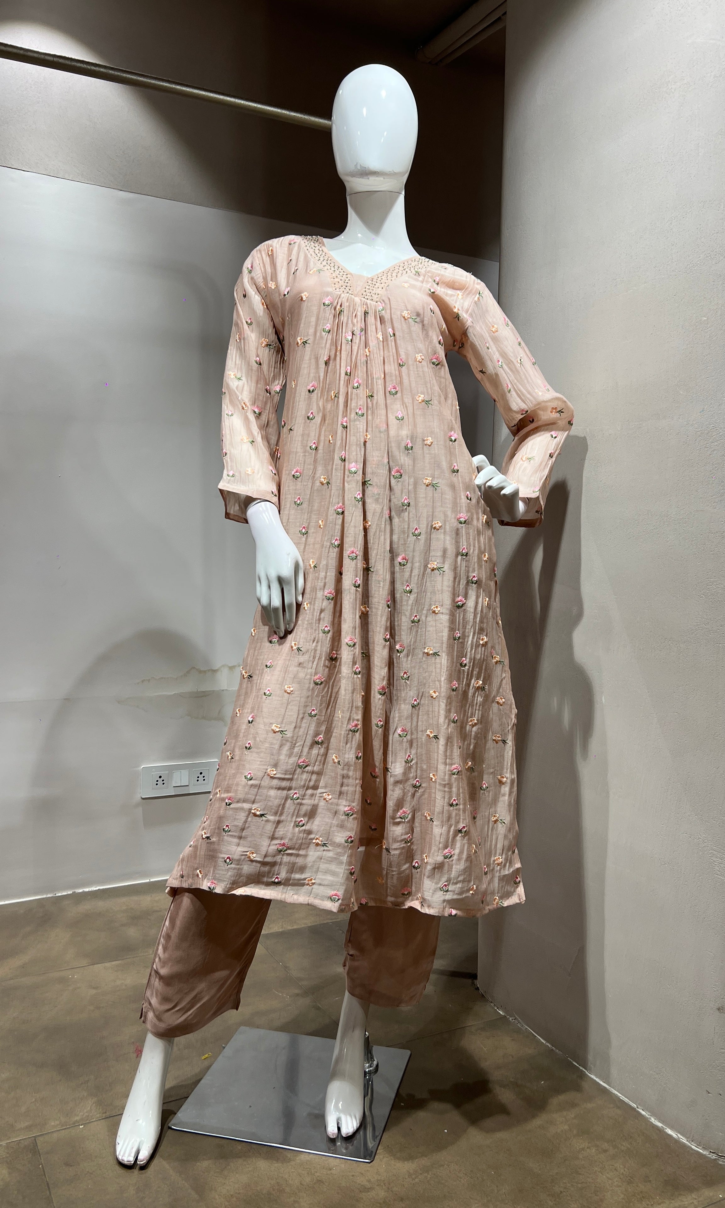 Peach Embroidered A-Line Kurta Set with Dupatta