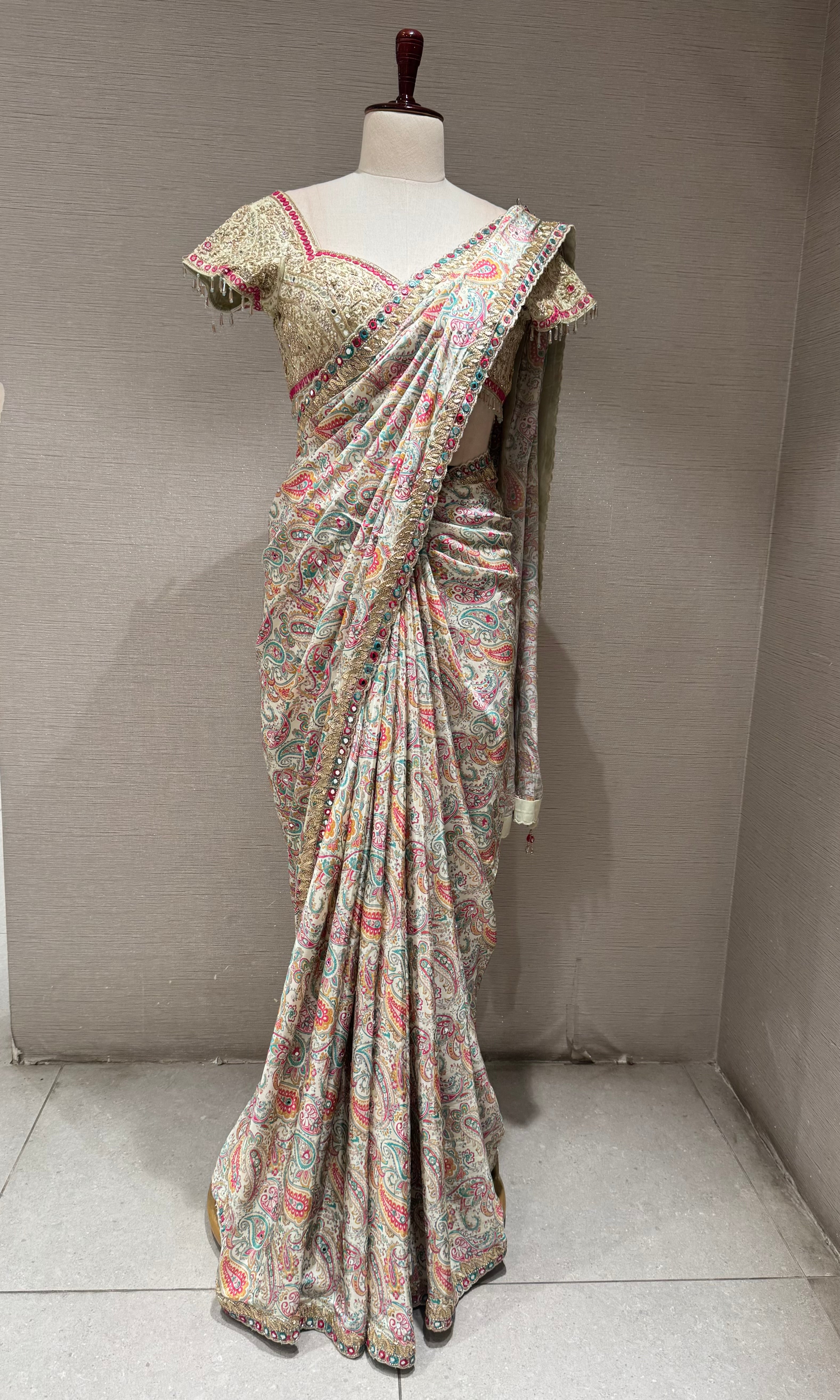 Green multicolor printed designer saree with embroidered blouse