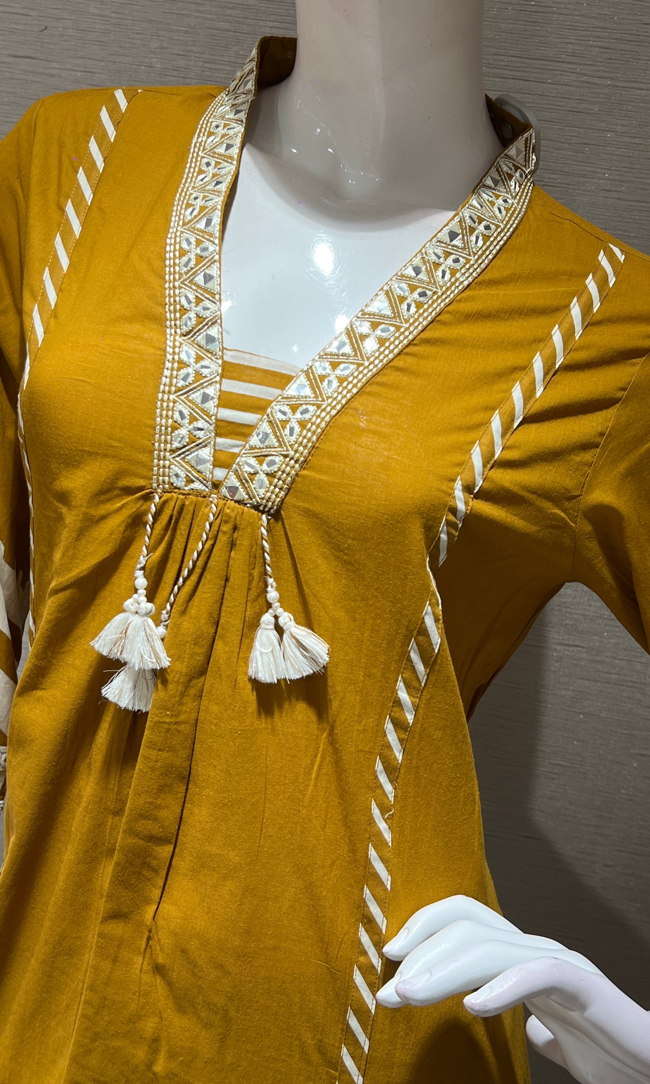 mustard yellow ethnic white lace kurta set