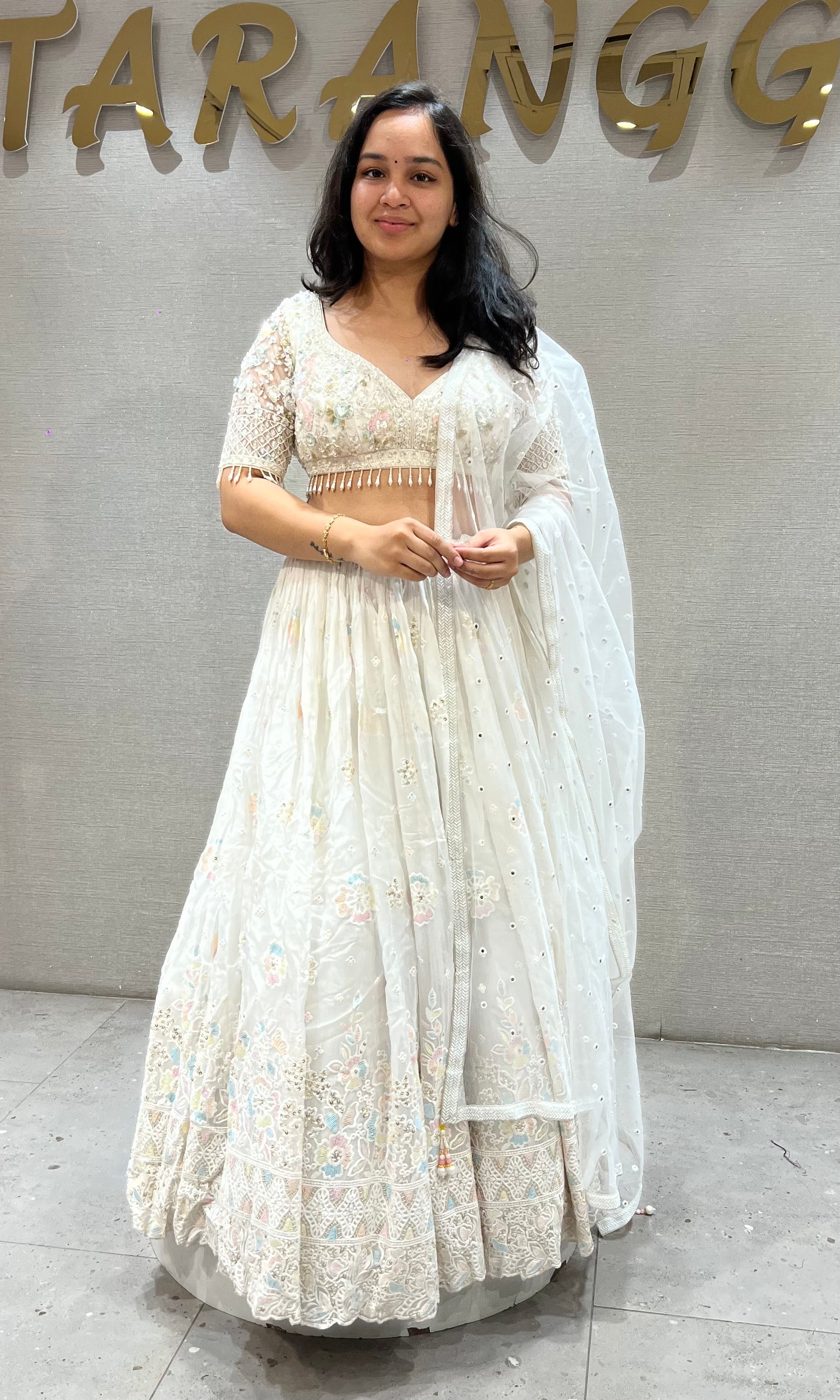 Cream Chikankari Lehenga Set with net dupatta