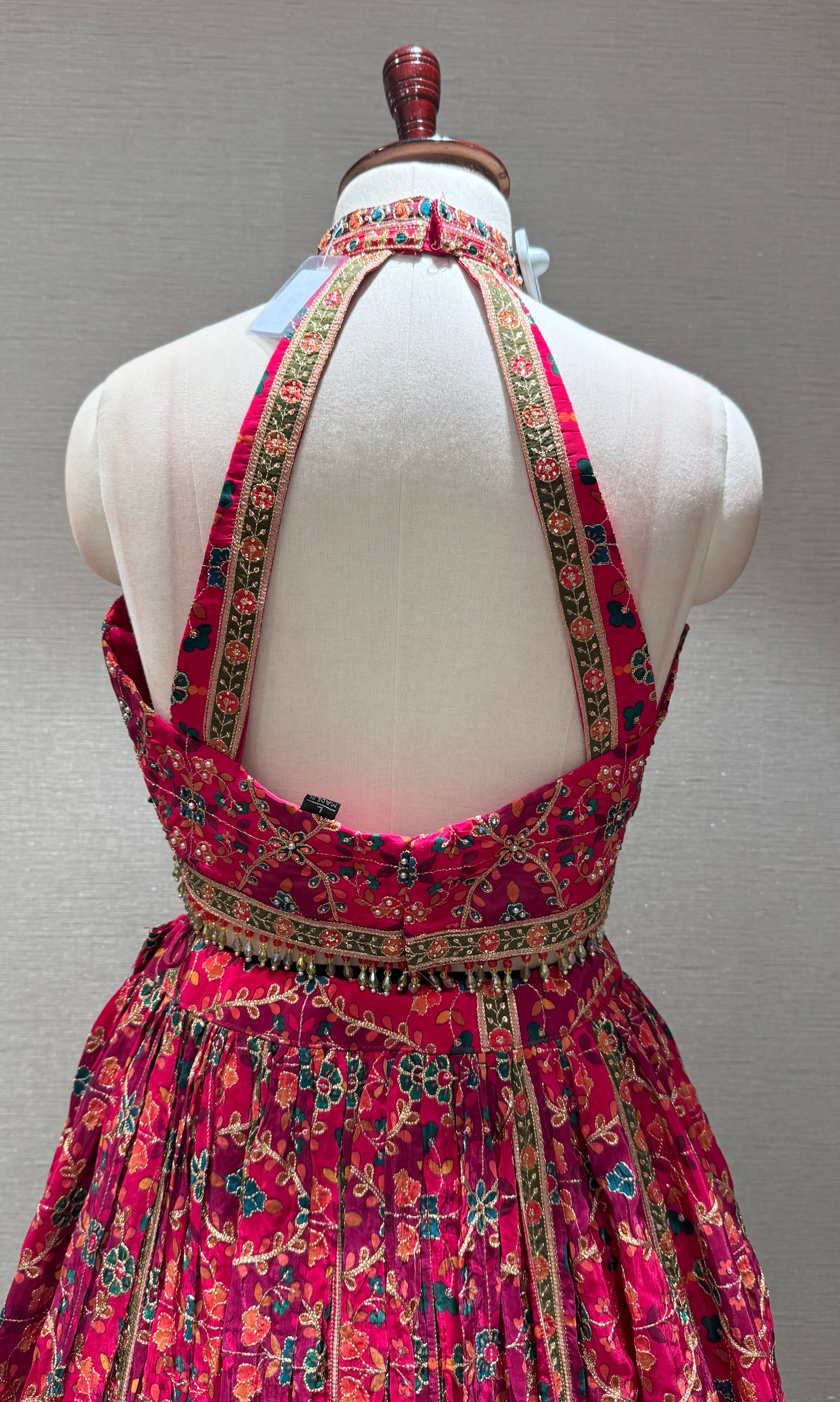 pink Mayur Pichwai halter neck Lehenga set