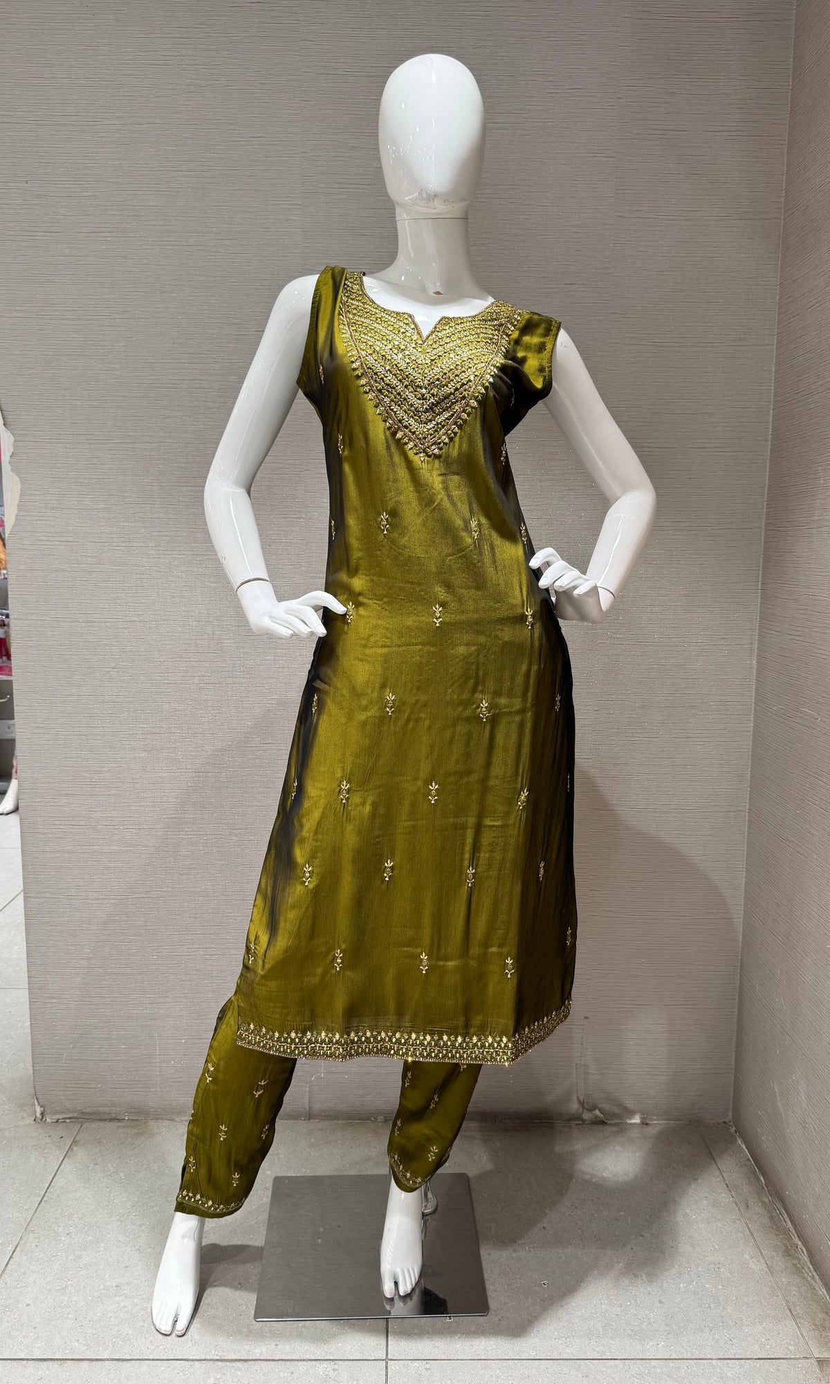 Green embroidered Silk Kurta Set with dupatta