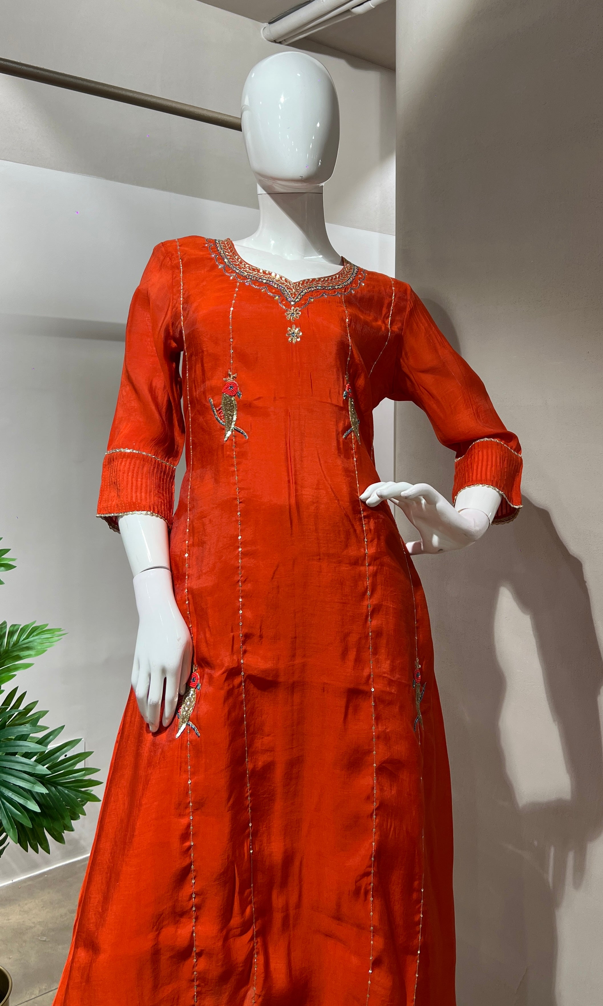 RUST Floral EMBROIDERY MULCHANDERI KURTA SET