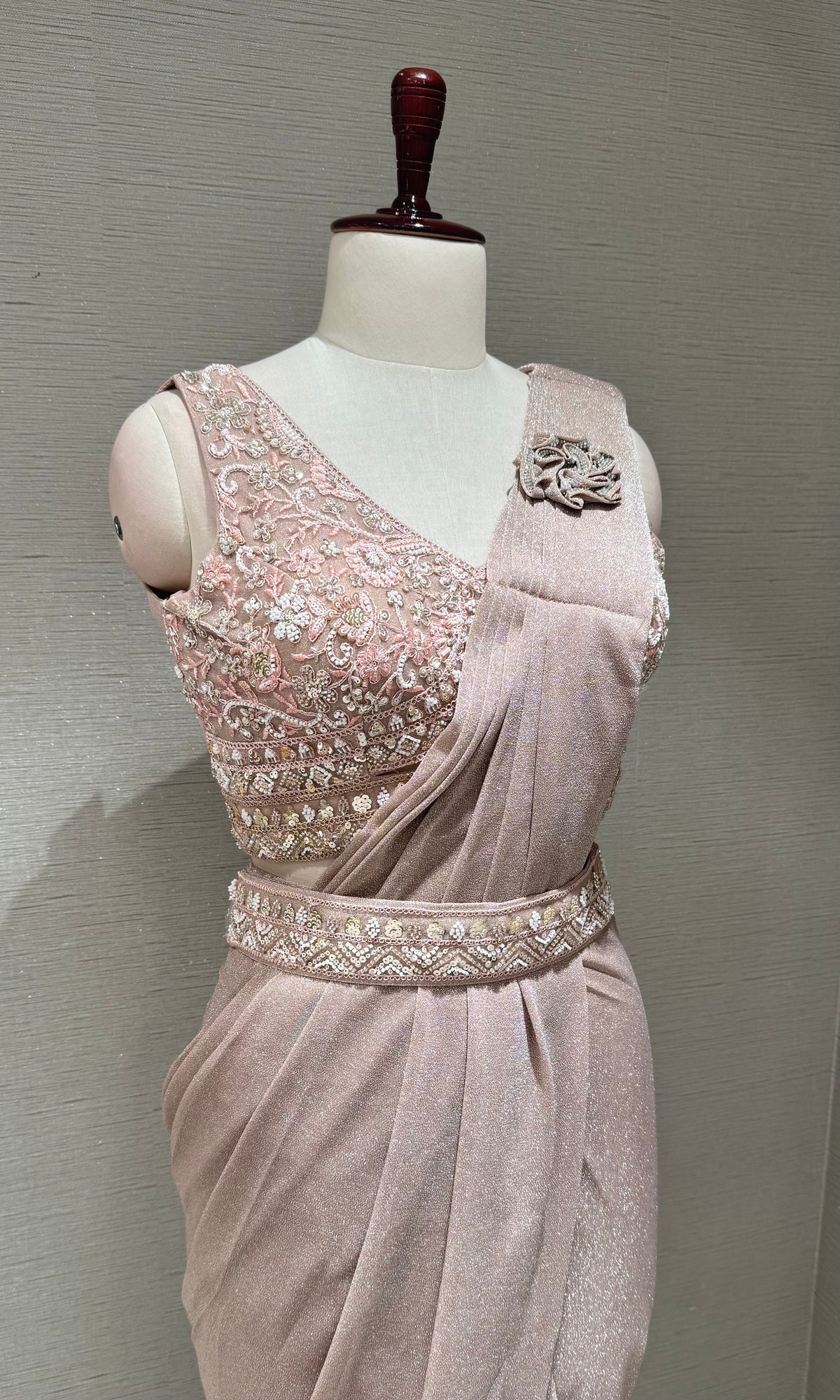 Rose Gold Shimmer Pre-Draped Saree With blouse & belt