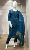 Blue Embroidered Straight Kurta set with Dupatta