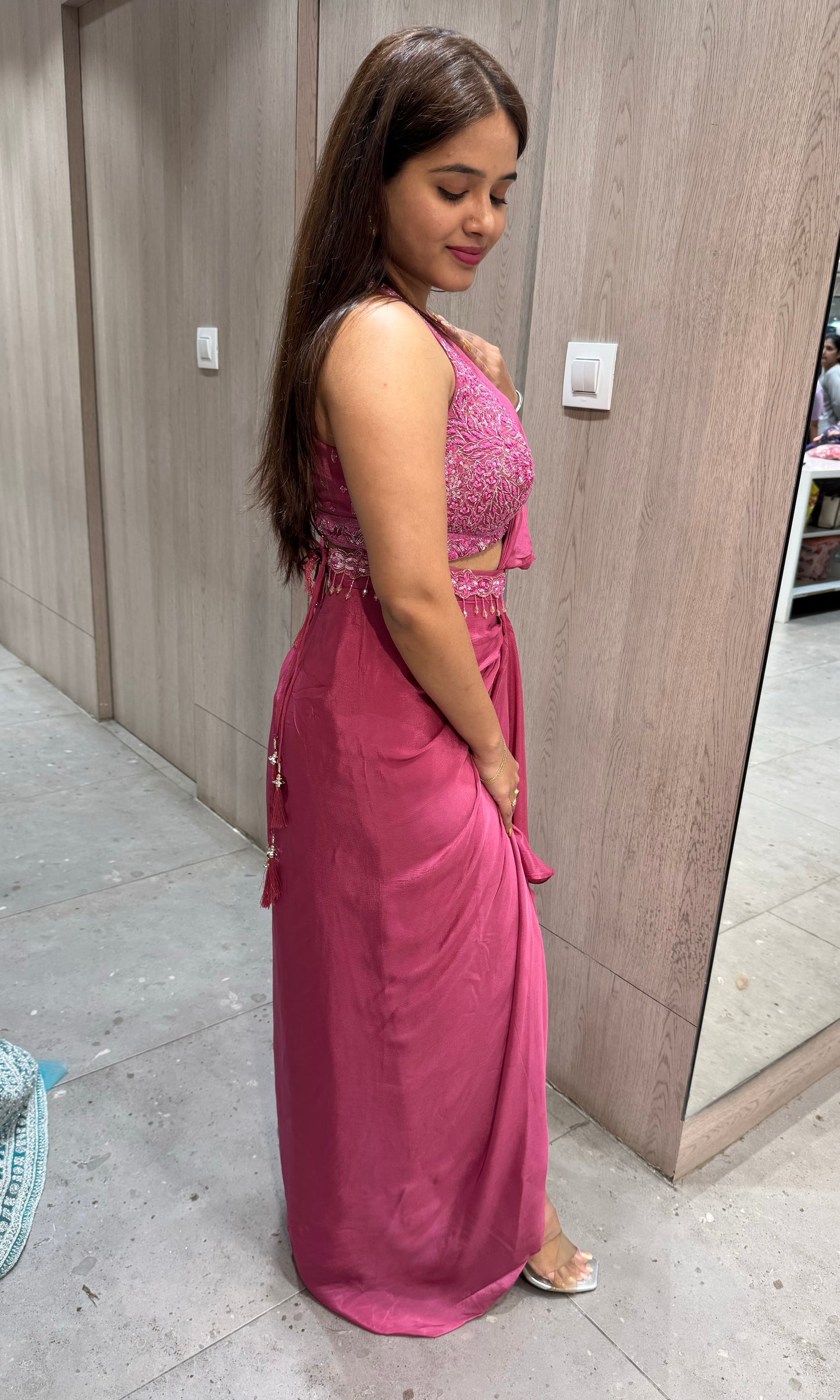 🌸Onion Pink drape saree one minute saree, ready to wear🌸