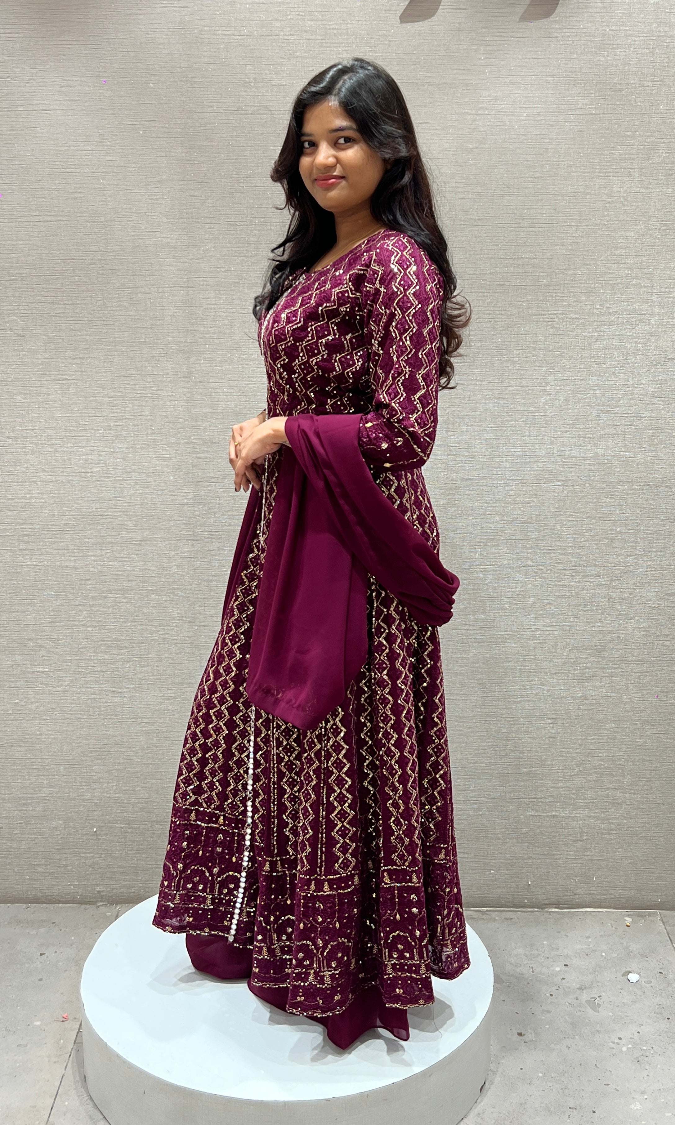 Wine front slit Anarkali with palazzo pants