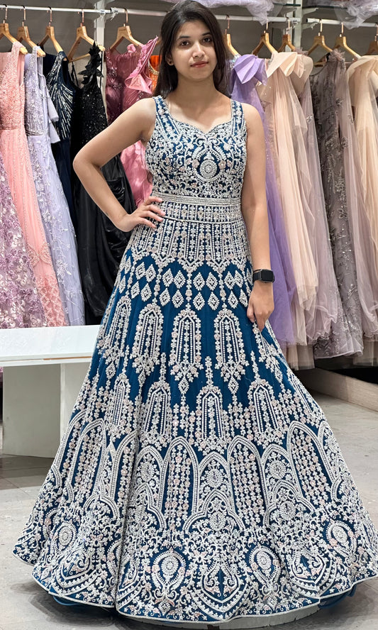 🦋 Blue long dress,frock with full designer work 💦💐