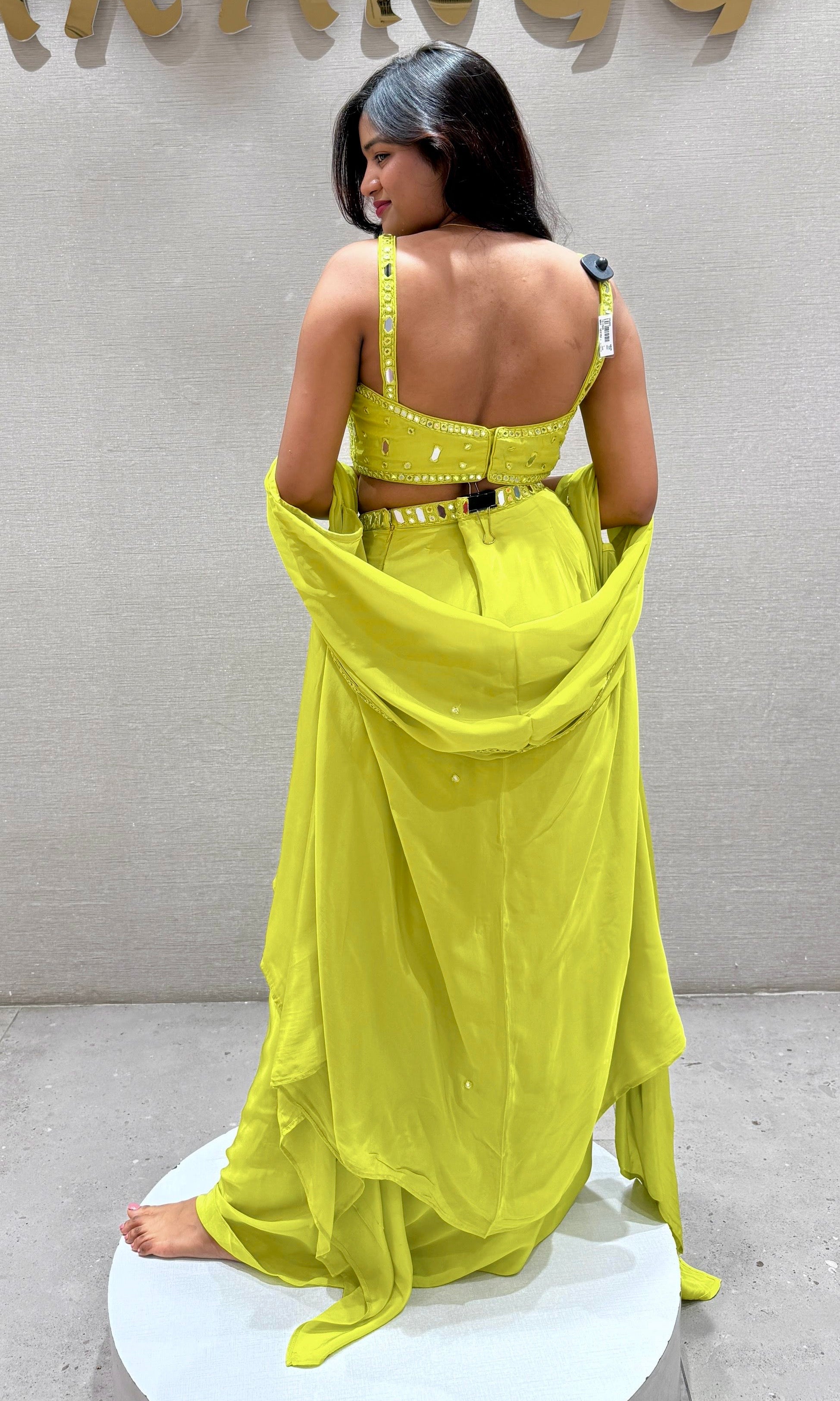 GREEN 3 PIECE INDO WESTERN DRESS, CAPE CROP TOP SKIRT