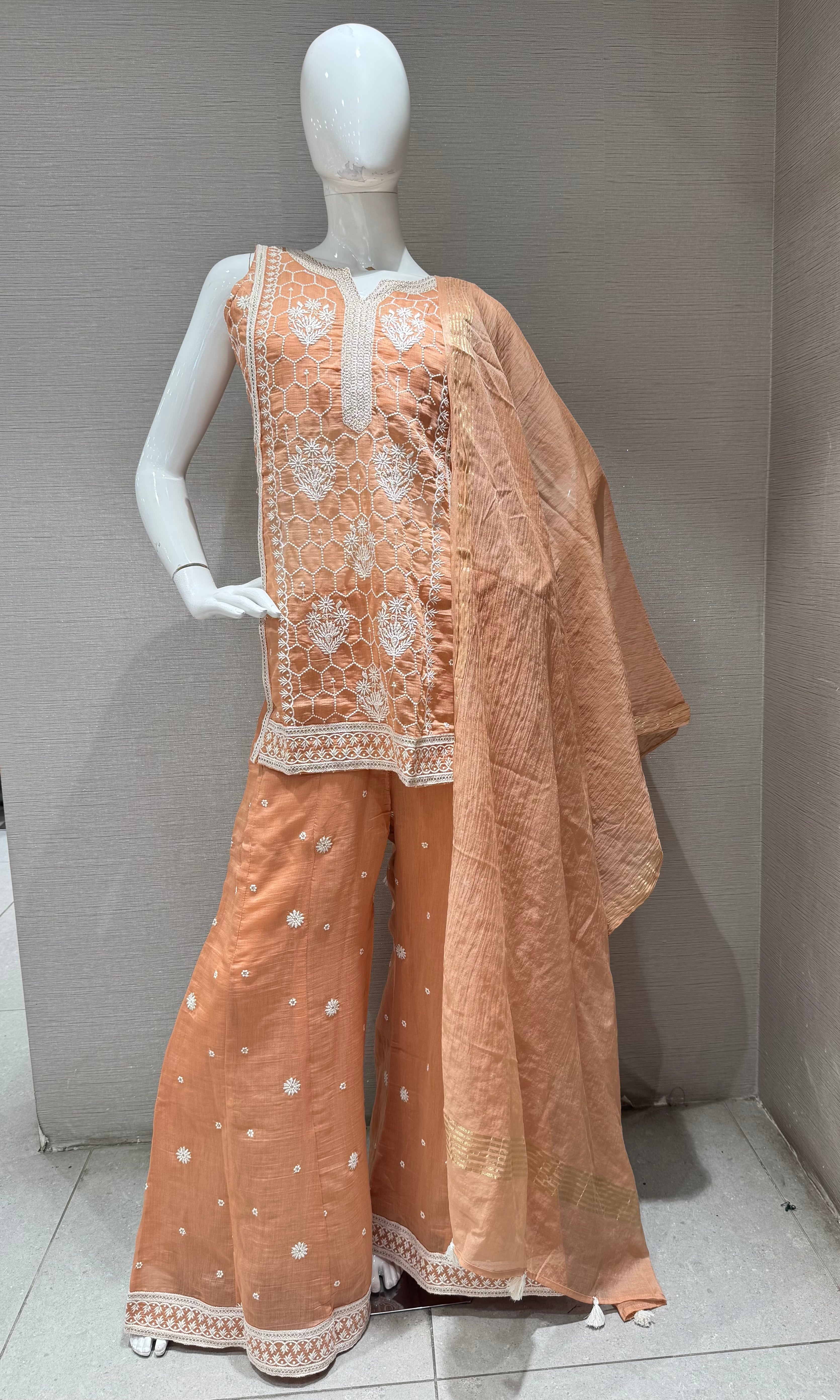 Peach Floral Embroidered Palazzo with Sheer Dupatta