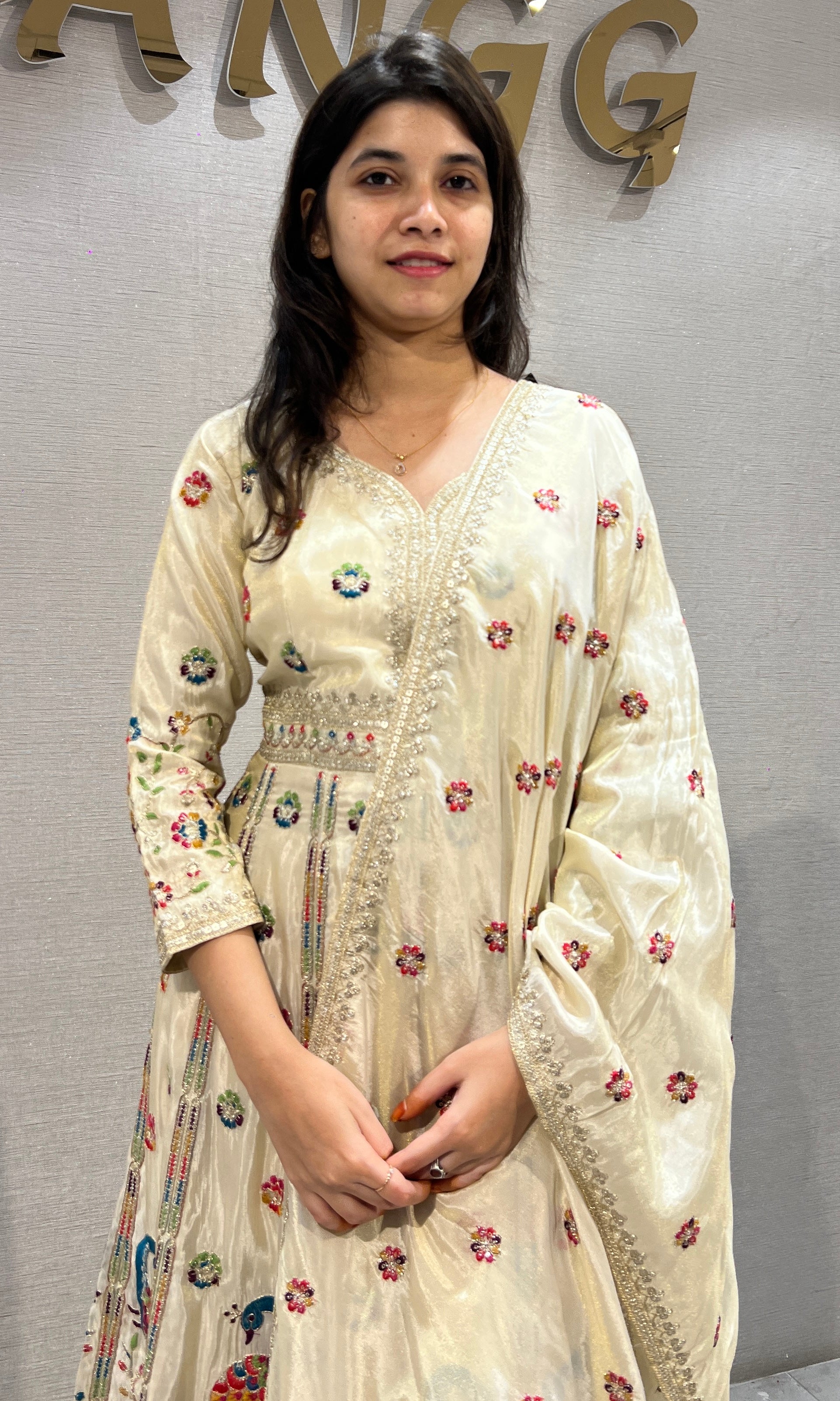 Cream Embroidered Anarkali Set with Flared Skirt