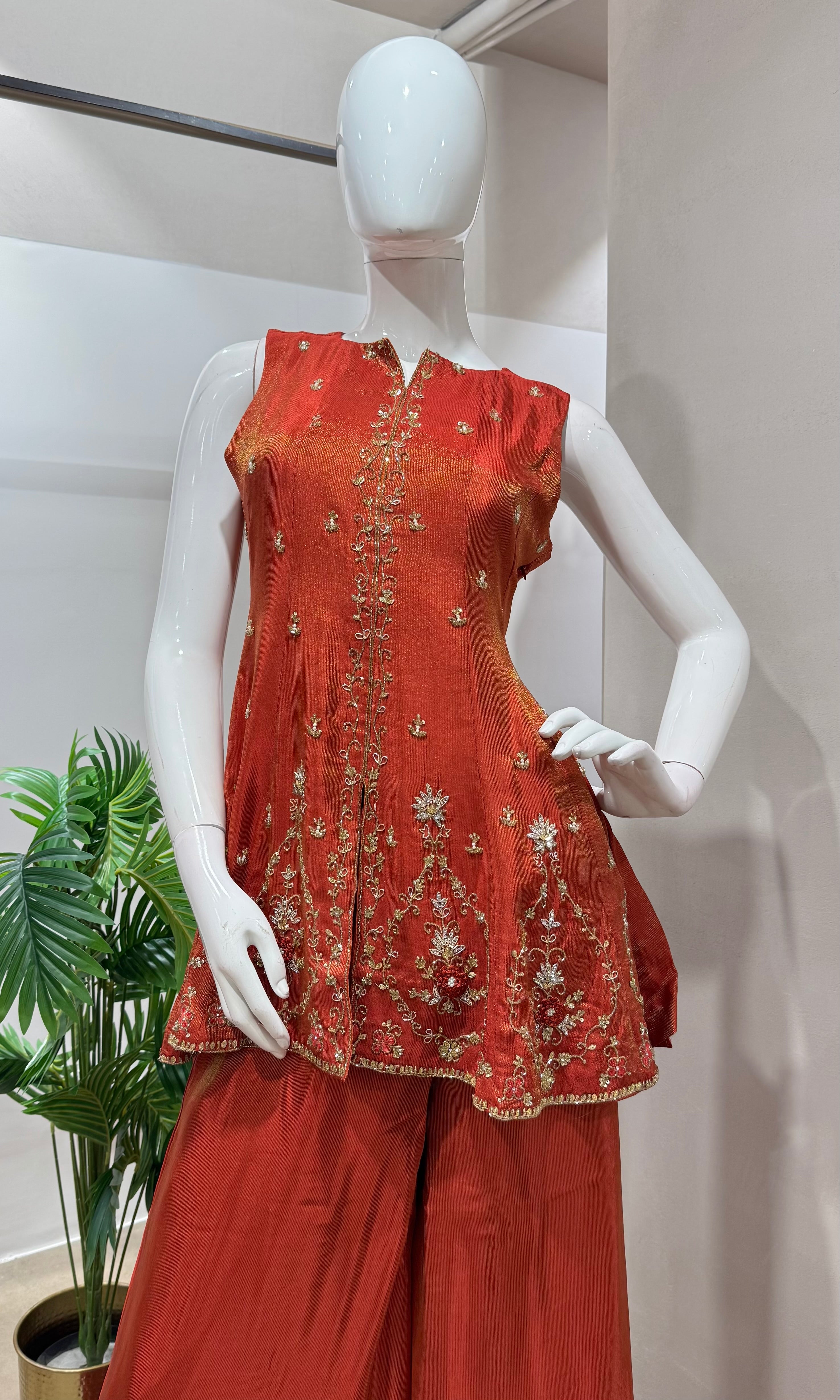Rust golden anarkali with palazzo set