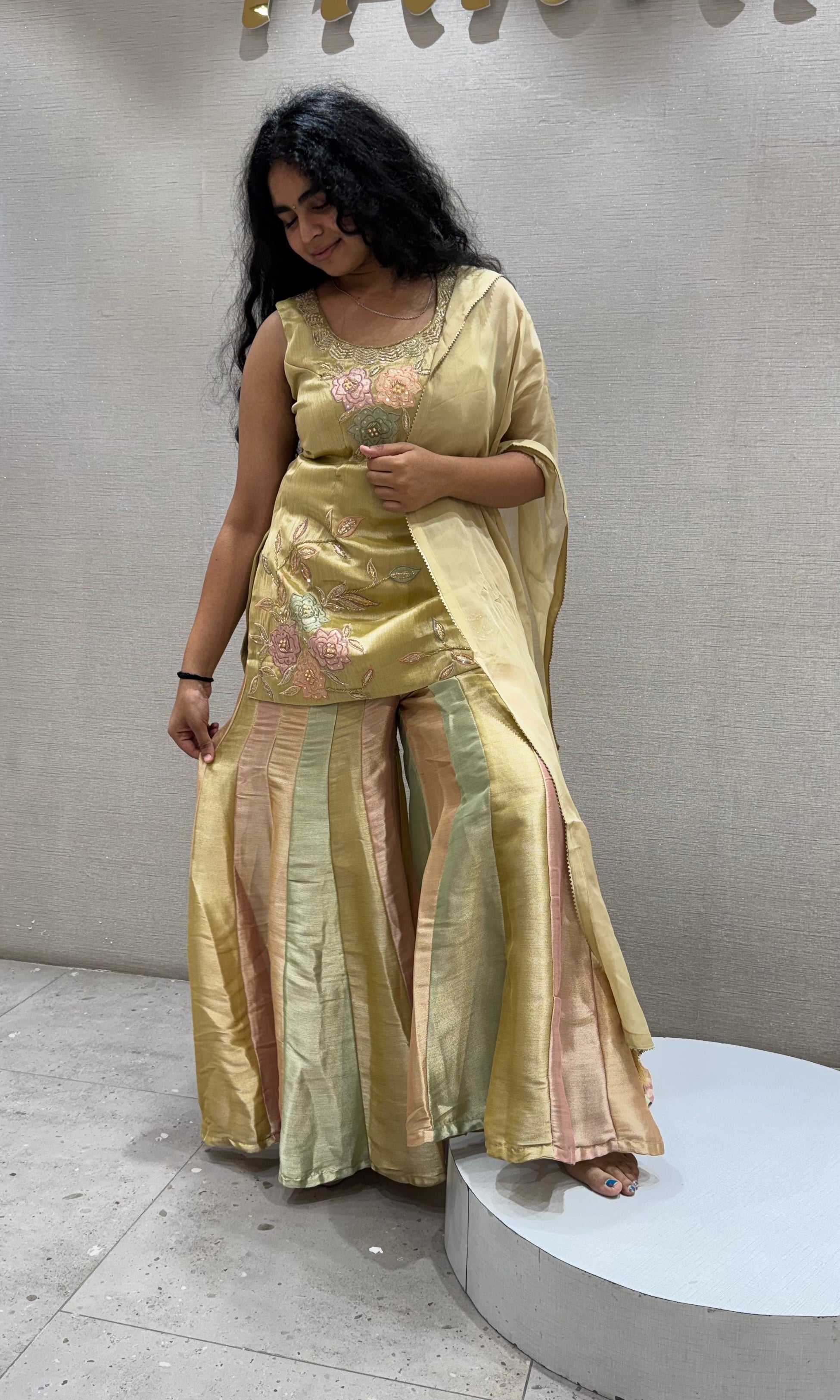 GOLD Tissue Silk Sharara with Floral Embroidery
