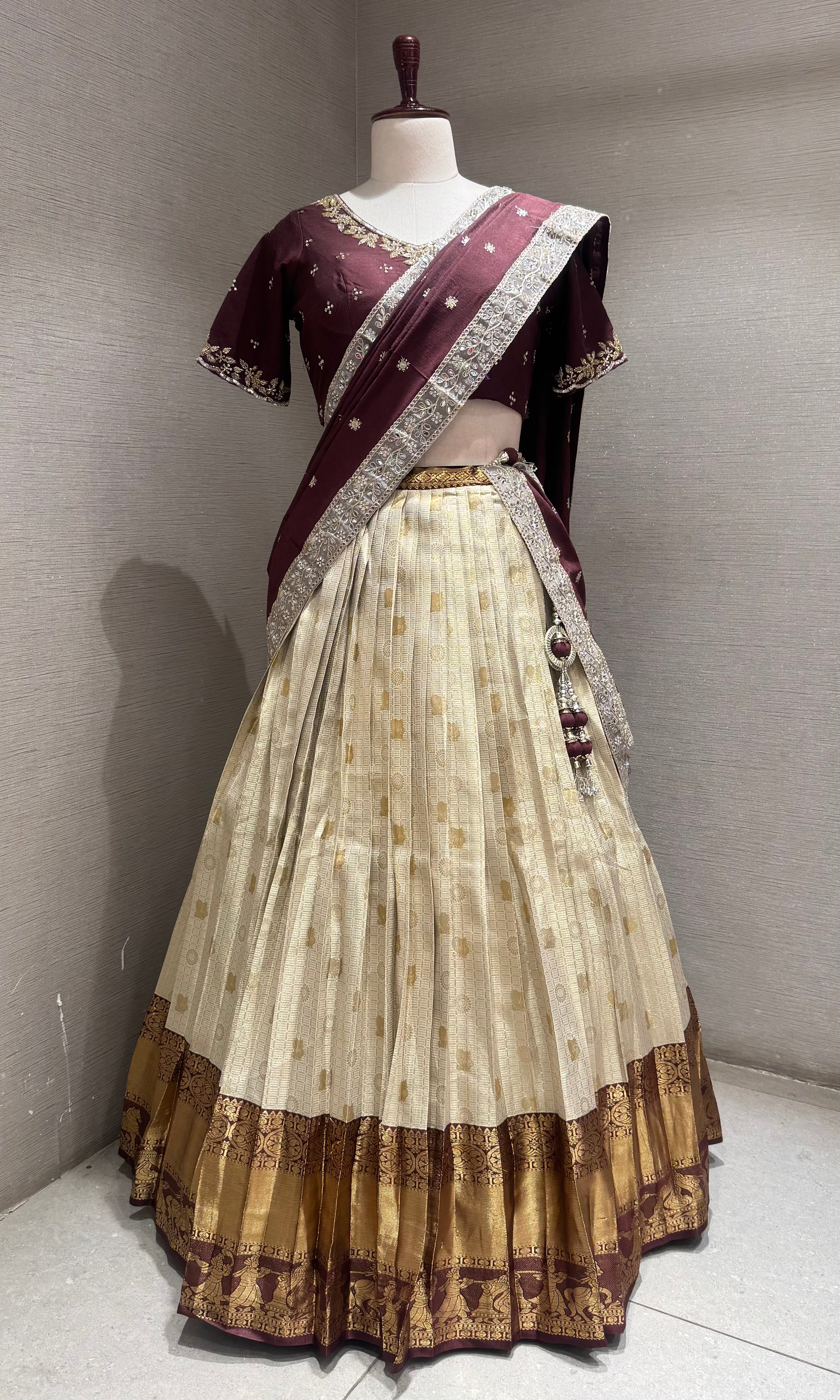 Brown and gold banarasi pattu lehenga with embroidered blouse