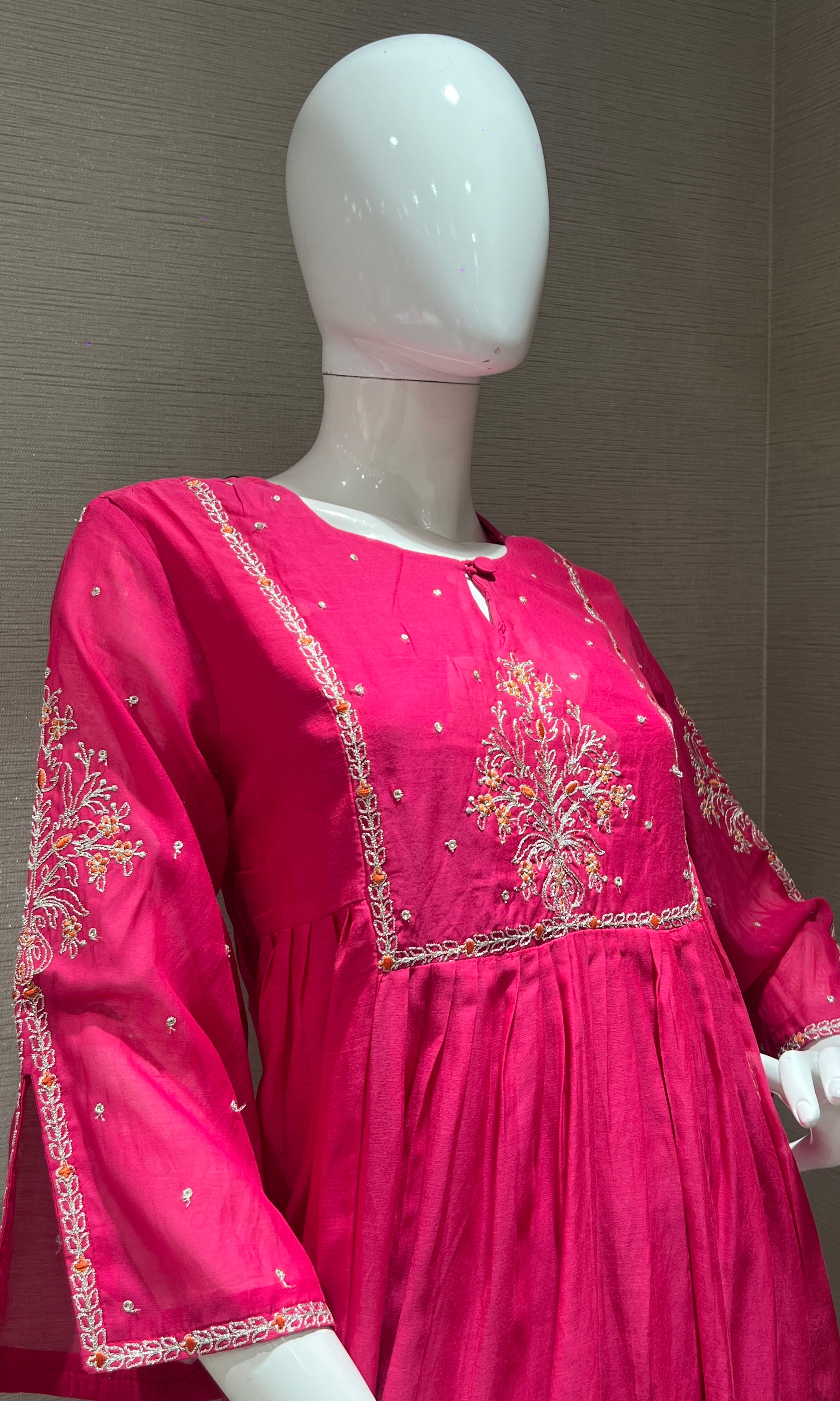 Rani pink mul Chanderi Anarkali kurta set